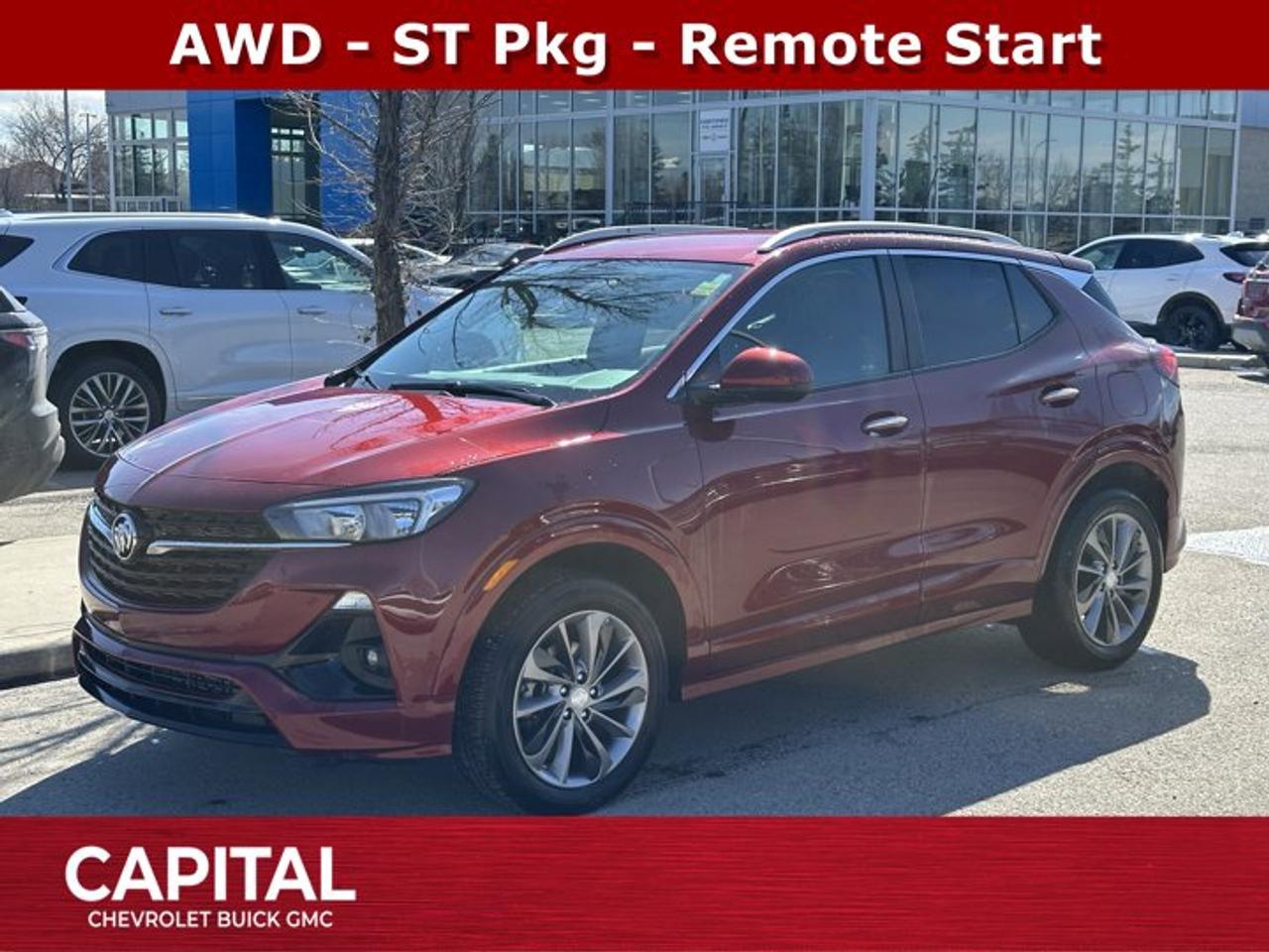 Look at this 2023 Buick Encore GX Preferred. Its Automatic transmission and Turbocharged 1.3/ engine will keep you going. This Buick Encore GX features the following options: ENGINE, ECOTEC 1.3L TURBO (GM-estimated 155 hp [115 kW] @ 5,600 rpm / 174 lb-ft torque [236 Nm] @ 1,600 rpm FWD/AWD models) (STD), Wireless Apple CarPlay/Wireless Android Auto, Wipers, front intermittent with pulse washers, Wiper, rear intermittent, Windshield, solar absorbing, Windows, power, rear with Express-Down, Window, power with front passenger Express-Down, Window, power with driver Express-Up/Down, Wi-Fi Hotspot capable (Terms and limitations apply. See onstar.ca or dealer for details.), and Wheels, 18 (45.7 cm) Bright Silver painted aluminum. See it for yourself at Capital Chevrolet Buick GMC Inc., 13103 Lake Fraser Drive SE, Calgary, AB T2J 3H5.