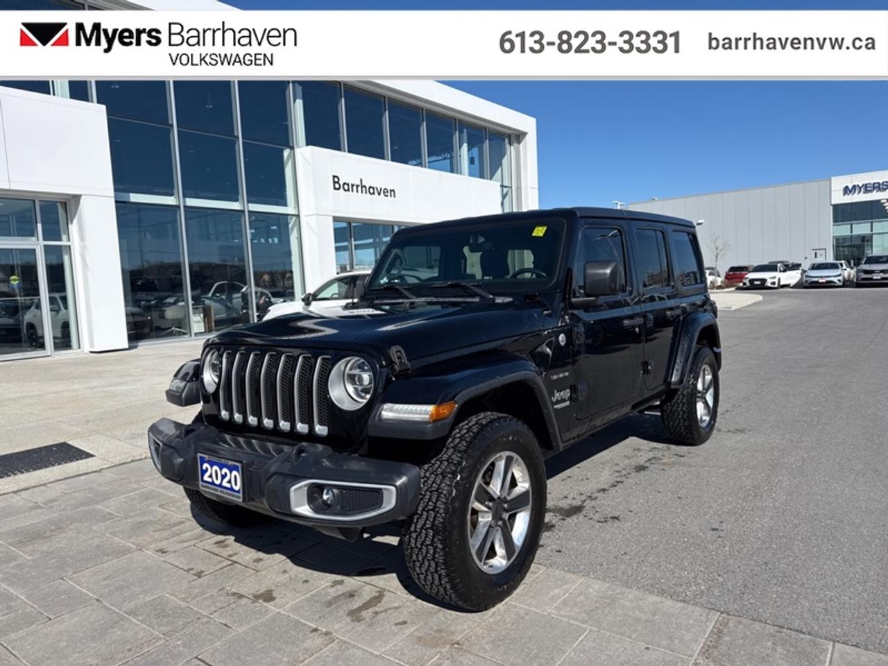 <b>Navigation,  Uconnect, Heated Seats, Safety Group, LED Lighting Group!</b><br> <br> With decades of experience, and all the modern technology they could need, this Jeep Wrangler Unlimited is ready to rock your world. This 2020 Jeep Wrangler Unlimited is for sale today in Nepean.<br> <br>No matter where your next adventure takes you, this Jeep Wrangler Unlimited is ready for the challenge. With advanced traction and handling capability, sophisticated safety features and ample ground clearance, the Wrangler is designed to climb up and crawl over the toughest terrain. Inside the cabin of this Wrangler Unlimited offers supportive seats and comes loaded with the technology you expect while staying loyal to the style and design youve come to know and love.<br> <br>This SUV has 117,647 km. Its Black in colour. It has an Automatic transmission and is powered by a 270HP 2.0L 4 Cylinder Engine. <br> <br> Our Wrangler Unlimiteds trim level is Sahara. This Unlimited Sahara Wrangler has a lot more goodies over the lower Sport model. To make sure you and your passengers stay connected and entertained, you will get Uconnect 4 with a 7 inch touchscreen, Apple CarPlay, Android Auto, SiriusXM, Bluetooth streaming audio and 4 USBs, 8 speakers, plus ambient interior LED lighting. Skid plates, two front tow hooks and one rear, Dana axles, shift on the fly 4x4 system, heavy duty suspension, fog lights, automatic headlamps, aluminum wheels, and tubular side steps help you rule the trail, while a rear view camera, illuminated cup holders, steering wheel with audio and cruise control, remote keyless entry, power windows, 115 volt power outlet, automatic climate control, and heated power side mirrors help you stay comfortable on the road. This vehicle has been upgraded with the following features: Navigation, Uconnect, Heated Seats, Safety Group, LED Lighting Group.<br> To view the original window sticker for this vehicle view this <a href=http://www.chrysler.com/hostd/windowsticker/getWindowStickerPdf.do?vin=1C4HJXENXLW179811 target=_blank>http://www.chrysler.com/hostd/windowsticker/getWindowStickerPdf.do?vin=1C4HJXENXLW179811</a>. <br/><br> <br>To apply right now for financing use this link: <a href=https://www.barrhavenvw.ca/financing-request/ target=_blank>https://www.barrhavenvw.ca/financing-request/</a><br> <br/>Buy this vehicle now for the lowest bi-weekly payment of <b>$211.25</b> with $0 down for 84 months @ 8.99% APR O.A.C. ((Plus applicable taxes and fees - Some conditions apply to get approved at the mentioned rate) ). See dealer for details. <br><br>We are your premier Volkswagen dealership in the region. If youre looking for a new Volkswagen or a car, check out Barrhaven Volkswagens new, pre-owned, and certified pre-owned Volkswagen inventories. We have the complete lineup of new Volkswagen vehicles in stock like the GTI, Golf R, Jetta, Tiguan, Atlas Cross Sport, Volkswagen ID.4 electric vehicle, and Atlas. If you cant find the Volkswagen model youre looking for in the colour that you want, feel free to contact us and well be happy to find it for you. If youre in the market for pre-owned cars, make sure you check out our inventory. If you see a car that you like, contact 844-914-4805 to schedule a test drive.<br> Come by and check out our fleet of 50+ used cars and trucks and 160+ new cars and trucks for sale in Nepean.  o~o