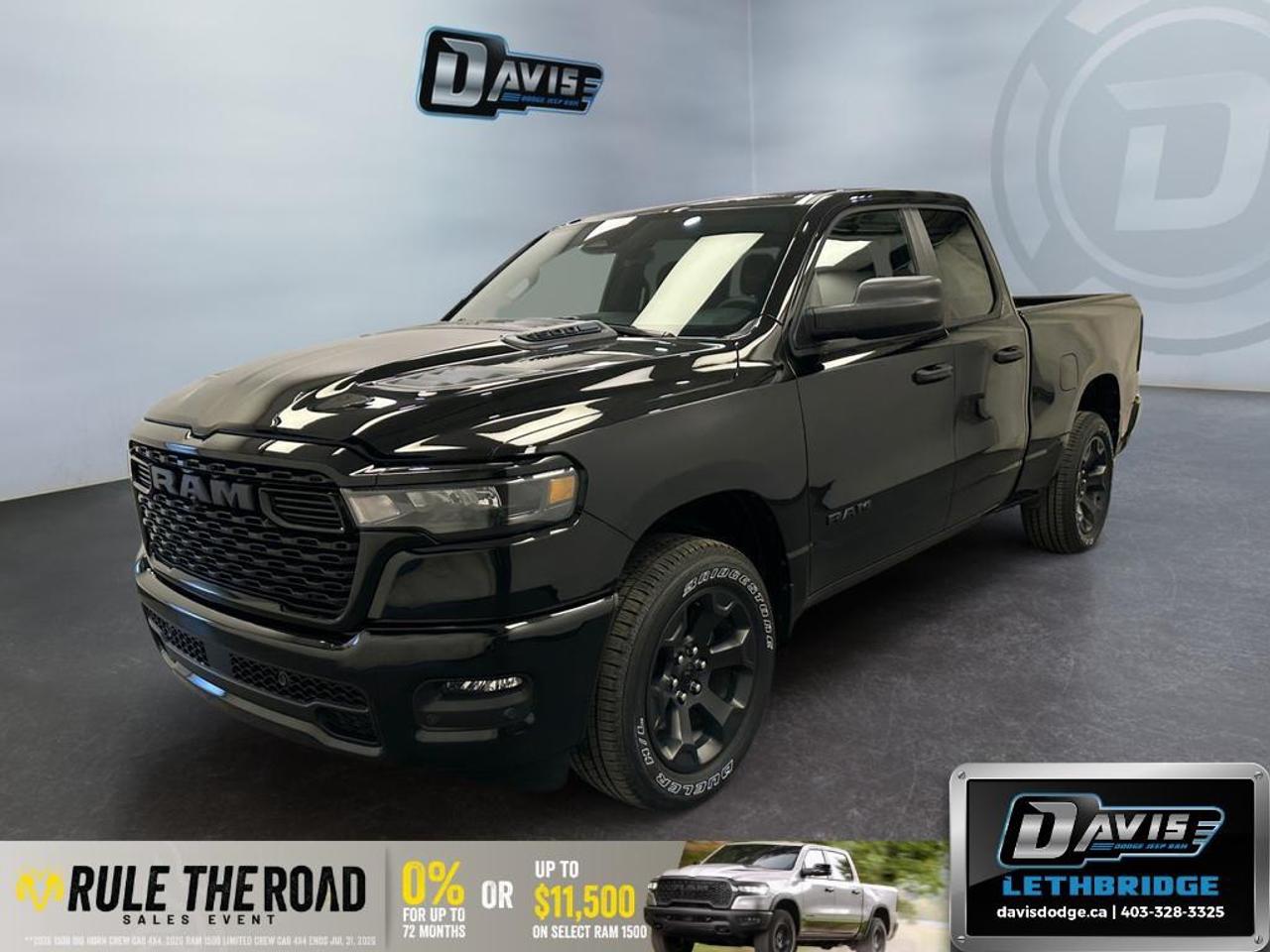 <p><strong>2026 Ram 1500 Express 4x4 Quad Cab 6'4" Box</strong> in stunning Diamond Black Crystal Pearl offers an outstanding blend of rugged capability and sophisticated styling. Its powerful 4x4 drivetrain ensures superior handling and confidence on any terrain.</p> <p><strong>Exterior Features:</strong></p> <ul><li>Diamond Black Crystal Pearl finish</li><li>Black Grille with Body-Colour Surround</li><li>Body-Colour Front and Rear Bumpers</li><li>Front LED Fog Lamps</li><li>Alloy Wheels</li><li>Rear Power Sliding Window</li><li>Rear Wheelhouse Liners</li></ul> <p><strong>Interior Features:</strong></p> <ul><li>Luxurious Black Interior Accents</li><li>Rear 60/40 Folding Seat</li><li>Front Centre Seat Cushion Storage</li><li>Front & Rear Floor Mats</li><li>Front Seatback Map Pockets</li><li>Remote Start for convenience</li></ul> <p><strong>Technology & Safety Features:</strong></p> <ul><li>ENGINE: 3.6L Pentastar VVT V6 w/eTorque</li><li>TRANSMISSION: 8-Speed Automatic</li><li>6-Month SiriusXM Radio Service</li><li>Bluetooth Connection and Smart Device Integration</li><li>Wi-Fi Hotspot</li><li>Backup Camera and Parking Sensors</li><li>Adaptive Cruise Control and Lane Assist</li><li>Heated Mirrors and Brake Assist</li><li>Keyless Entry and Power Windows</li></ul> <p>Perfect for those seeking a robust truck with modern conveniences and technology. Contact Davis Dodge Lethbridge to learn more about this impeccable new Ram 1500 Express and take it for a test drive today!</p>