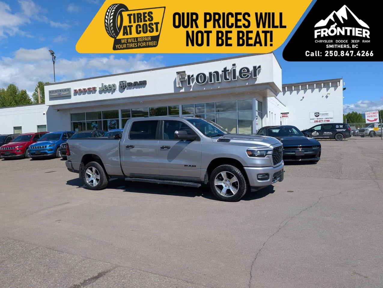 <p>The 2025 Ram 1500 Tradesman Sport Crew Cab 4x4 delivers a strong combination of capability, modern technology, and bold styling, making it a great choice for both work and everyday driving.</p><p>Powered by a <strong>3.0L Hurricane Twin Turbo engine with Stop/Start technology and an 8-speed automatic transmission</strong>, this Ram offers impressive performance and efficiency. Paired with a <strong>4x4 system</strong>, its ready to handle tough jobs, changing weather, and off-road conditions with confidence.</p><p>Finished in <strong>Billet Silver Metallic</strong>, this truck features a clean, modern look that pairs perfectly with its rugged design and Sport appearance enhancements.</p><p>Inside the spacious Crew Cab, youll find practical comfort and smart functionality with features like <strong>durable cloth seating, a Uconnect® 5 system with touchscreen display, Apple CarPlay®, Android Auto, Bluetooth® connectivity, and air conditioning</strong>. The cabin also offers convenient storage solutions and flexible seating for both passengers and gear.</p><p>Equipped with the <strong>Off-Road Group</strong>, this Ram adds capability with features like <strong>hill descent control, skid plates, tow hooks, and an anti-spin rear axle</strong>, giving you added confidence when venturing off the beaten path. Safety is supported with <strong>advanced multistage airbags, electronic stability control, traction control, and a rear back-up camera</strong>.</p><p>With its powerful new engine, bold styling, and practical features, the 2025 Ram 1500 Tradesman Sport Crew Cab 4x4 is built to get the job done while keeping you comfortable along the way.</p><p>Please confirm all vehicle details and features with our sales team and start the buying process today at Frontier Chrysler Dodge Jeep Ram Ltd., proudly serving Smithers, BC and surrounding area.</p>