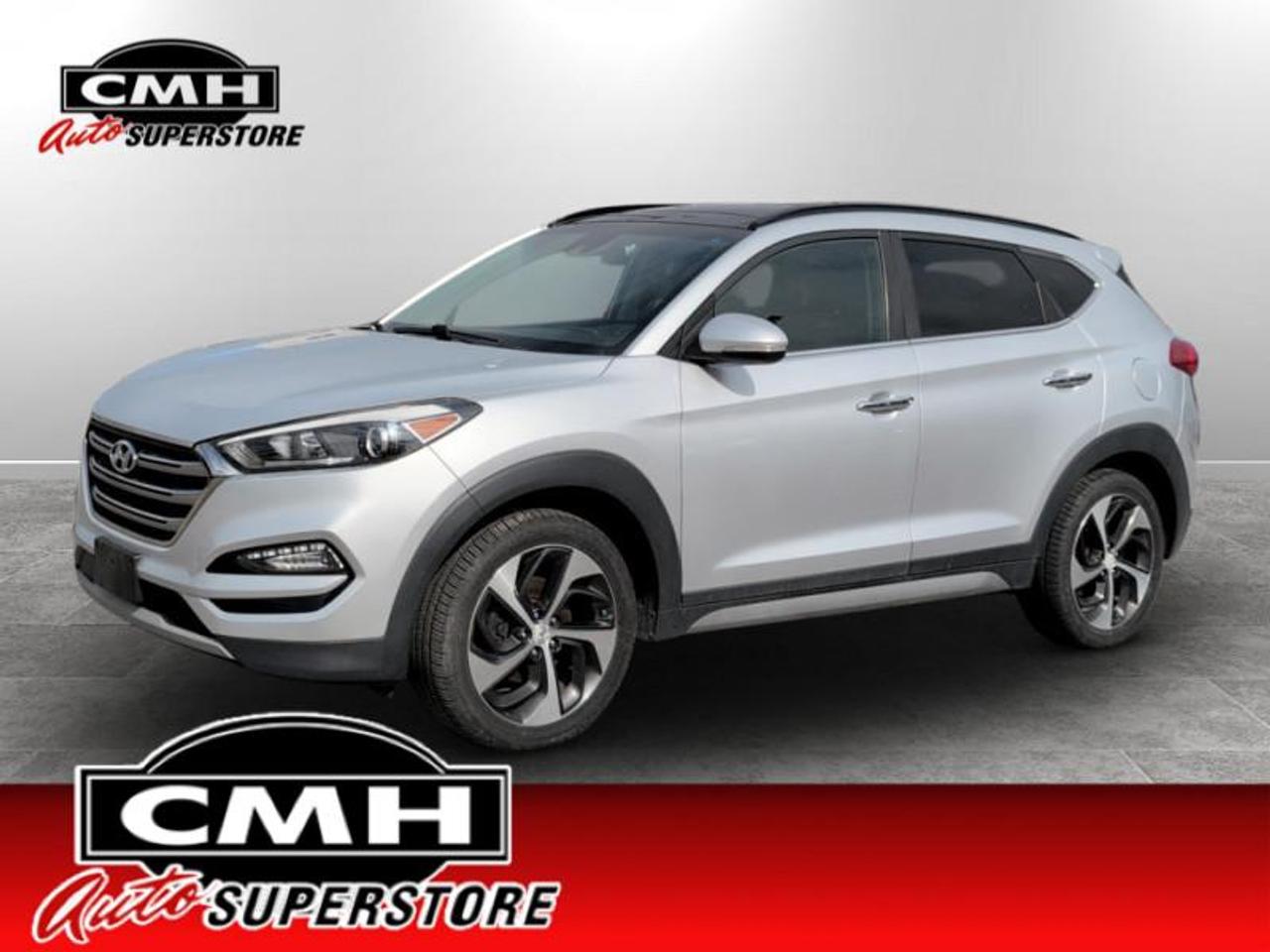 <b>LOADED AWD !! NAVIGATION, REAR CAMERA W/PARK SENSORS, EMERGENCY BRAKING, COLLISION WARNING, BLIND SPOT, CROSS TRAFFIC, BLUETOOTH, PANORAMIC SUNROOF, LEATHER, POWER SEATS, COOLED/HEATED SEATS, HEATED STEERING WHEEL, POWER LIFTGATE, 19-IN ALLOYS</b><br>  <br>CMH certifies that all vehicles meet DOUBLE the Ministry standards for Brakes and Tires. The advertised price is the promotional financing price. For all other methods of payment, the selling price is $500 higher.<br><br> <br>This 2017 Hyundai Tucson is for sale today. <br> <br>Out of all of your options for a compact crossover, this Hyundai Tucson stands out in a big way. The bold look, refined interior, and amazing versatility make it a capable, eager vehicle thats up for anything. It doesnt hurt that it comes with generous standard features and technology. For comfort, technology, and economy in one stylish package, look no further than this versatile Hyundai Tucson. This SUV has 121,322 km. Its Chromium Silver in colour. It has an Automatic transmission and is powered by a 175HP 1.6L 4 Cylinder Engine. <br> <br> Our Tucsons trim level is Ultimate. Get luxury and versatility at a good value in the Ultimate Package. It comes with leather seats which are heated and cooled in front, heated rear seats, an eight-inch touchscreen navigation system, Bluetooth, SiriusXM, Infinity 8-speaker premium audio, dual-zone automatic climate control, a rear view camera, blind spot detection, lane change assist, a hands-free power tailgate, and more.<br> <br>To apply right now for financing use this link: <a href=https://www.cmhniagara.com/financing/ target=_blank>https://www.cmhniagara.com/financing/</a><br><br> <br/><br>**PLEASE NOTE:** The functionality and condition of any accessories and aftermarket parts are not guaranteed by CMH Auto Superstore. Examples of such items include, but are not limited to: tonneau covers, radios, cameras, remote starts, vent visors, roof racks, winches, light bars, headlights/tail lights, center caps, running boards, etc. If an aftermarket part is safety-related and found to be defective, it will be replaced by a factory option.<br><b>**CMH Auto Superstore reserves the right to choose to repair, modify, or replace all aftermarket parts (example  headlights) or accessories at its sole discretion.**</b><br><br>Trade-ins are welcome! Financing available OAC ! Price INCLUDES a valid safety certificate! Price INCLUDES a 60-day limited warranty on all vehicles except classic or vintage cars. CMH is a Full Disclosure dealer with no hidden fees. We are a family-owned and operated business for over 30 years! o~o