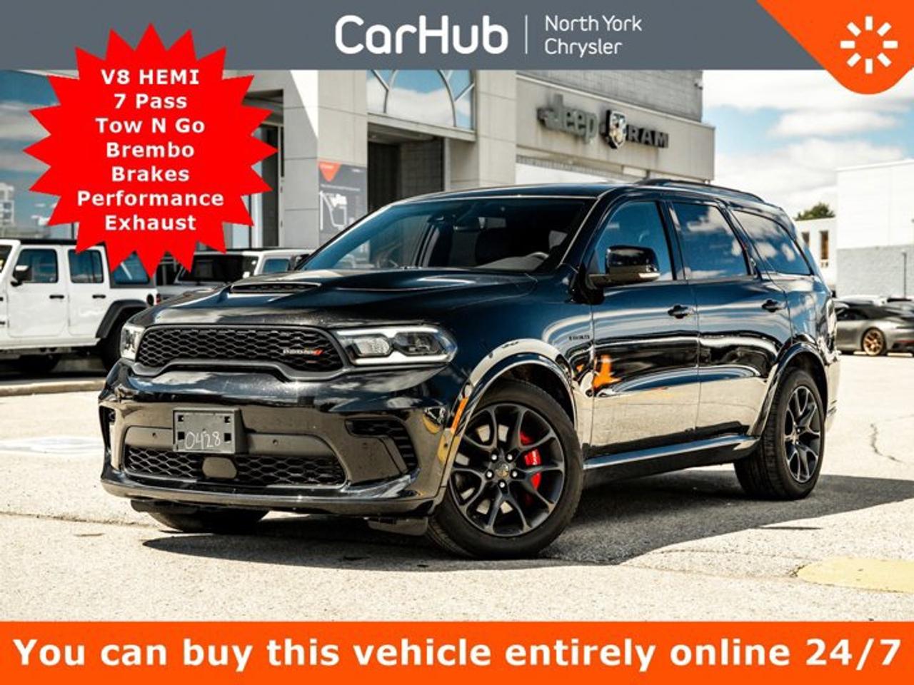 <p>This Dodge Durango delivers a Regular Unleaded V-8 5.7 L/345 engine powering this Automatic transmission. WHEELS: 20 X 10 LIGHTS OUT ALUMINUM, TRANSMISSION: 8-SPEED TORQUEFLITE AUTOMATIC (STD), TOW N GO GROUP -inc: Tires: 295/45ZR20 BSW AS, 4 & 7-Pin Wiring Harness, Red Brembo Brakes w/SRT Performance Pads, High Performance Suspension, Wheels: 20 x 10 Hyper Black Aluminum, Adaptive Damping, Automatic Headlamp Levelling System, Performance-Tuned Steering, Pirelli Brand Tires, High Performance Exhaust, LED Auxiliary Low Beam w/Turn Signal, Trailer Brake Control, Active Noise Control System, 260 KM/H Primary Speedometer, Electronic Limited Slip Differential Rear Axle, Run-Flat Tires, 233 km/h Maximum Speed Calibration, Sport/Track/Tow/Snow Drive Modes, Delete Spare Tire, Class IV Hitch Receiver, Body-Colour Upper/Lower Rear Fascia, Blind Spot w/Trailer Detection, Quadra-Trac Active-on-Demand 4x4.</p><p>This Dodge Durango Comes Equipped with These Options <br />QUICK ORDER PACKAGE 22T R/T -inc: Engine: 5.7L HEMI VVT V8 w/FuelSaver MDS, Transmission: 8-Speed TorqueFlite Automatic, 4 & 7-Pin Wiring Harness, Integrated Roof Rail Crossbars, Power 4-Way Driver & Passenger Lumbar Adjust, LED Auxiliary Low Beam w/Turn Signal, Power Sunroof, Auto-Dimming Exterior Driver Mirror, Dual Remote USB Charging Ports, Trailer Brake Control, Second-Row Heated Seats, Black Roof Rails, Class IV Hitch Receiver, Blind Spot w/Trailer Detection, Floor Console w/Leather Armrest, Power Multi-Function Manual Folding Mirrors, Power Tilt/Telescoping Steering Column, Exterior Mirrors w/Turn Signals, Power 8-Way Adjustable Front Seats w/Driver Memory, Front Ventilated Seats, Forward Collision Warning/Active Braking, Automatic High-Beam Headlamp Control, 115V Auxiliary Power Outlet - Centre Console, Exterior Mirrors w/Memory Settings, Adaptive Cruise Control w/Stop & Go, Leather-Wrapped Door Trim Panels, Radio/Driver Seat/Mirrors w/Memory, BLACKTOP PACKAGE -inc: Tires: 265/50R20 Performance AS, Integrated Roof Rail Crossbars, Satin Black Dodge Tail Lamp Badge, Black Roof Rails, Pirelli Brand Tires, Gloss Black Badges , TIRES: 295/45ZR20 BSW AS, ENGINE: 5.7L HEMI VVT V8 W/FUELSAVER MDS (STD), EBONY RED/BLACK, NAPPA LEATHER-FACED BUCKET SEATS, DB BLACK, Voice Activated Dual Zone Front Automatic Air Conditioning, Valet Function, Urethane Gear Shifter Material, Uconnect Connected Travel & Traffic Services Real-Time Traffic Display.</p><p>Drive Happy with CarHub</p><p>*** All-inclusive, upfront prices -- no haggling, negotiations, pressure, or games</p><p>*** Purchase or lease a vehicle and receive a $1000 CarHub Rewards card for service.</p><p>*** Purchase this vehicle fully online on CarHub websites</p><p> </p><p>Transparency Statement<br />Online prices and payments are for finance purchases -- please note there is a $850 finance/lease fee. Cash purchases for used vehicles have a $2,350 surcharge (the finance price + $2,350), however cash purchases for new vehicles only have tax and licensing extra -- no surcharge. NEW vehicles priced at over $100,000 including add-ons or accessories are subject to the additional federal luxury tax. While every effort is taken to avoid errors, technical or human error can occur, so please confirm vehicle features, options, materials, and other specs with your CarHub representative. This can easily be done by calling us or by visiting us at the dealership. CarHub used vehicles come standard with 1 key. If we receive more than one key from the previous owner, we include them with the vehicle. Additional keys may be purchased at the time of sale. Ask your Product Advisor for more details. Payments are only estimates derived from a standard term/rate on approved credit. Terms, rates and payments may vary. Prices, rates and payments are subject to change without notice. Please see our website for more details.</p>