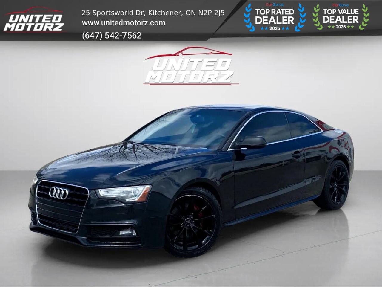 2015 AUDI A5 Komfort Quattro***CERTIFIED***220 Hp !!! <br/> <br/> <br/> <br/> The 2015 Audi A5 Komfort with a 2.0L 4-cylinder engine delivers a refined balance of performance and efficiency, featuring a turbocharged powertrain that provides smooth acceleration, responsive handling, and confident highway cruising typical of Audis precision engineering. Inside, the cabin reflects Audis signature luxury with high-quality materials, comfortable leather seating, a panoramic sunroof, and intuitive technology such as the MMI infotainment system, phone connectivity, and a premium sound experience designed for both driver and passengers. With its sleek coupe styling, iconic single-frame grille, LED lighting, and well-tuned suspension, the A5 Komfort stands out as a sophisticated and sporty vehicle that combines everyday practicality with upscale comfort and timeless design. <br/> <br/> <br/> Key Features:- <br/> <br/> * Automatic transmission <br/> * Carfax verified <br/> * Power windows <br/> * Power locks & mirrors <br/> * Paddle shifts <br/> * Leather seats <br/> * Power seats <br/> * Heated seats <br/> * Infortainment system <br/> * Phone connectivity <br/> * Backup camera <br/> * AM/FM <br/> * Dual zone climatic control <br/> * A/C <br/> * Cruise control <br/> * Sunroof <br/> * Fog lamps <br/> * Alloy wheels <br/> <br/> <br/> CARFAX AVAILABLE ON EVERY VEHICLE, TO VIEW CARFAX GO ON UNITEDMOTORZ.COM AND CLICK ON CARFAX LOGO ON OUR SITE TO VIEW IT FOR FREE!!<br/> <br/> ------------------------------------------------------------------------------------ United Motorz  Kitcheners Used Car Superstore! Since 2017, United Motorz has been your trusted destination for quality pre-owned vehicles in the Kitchener-Waterloo area. With our convenient location and over 150+ cars, SUVs, and vans, we offer a huge selection to fit every lifestyle and budget. From sleek sedans to family SUVs, every vehicle is carefully inspected to ensure reliability and performance. <br/> Location: <br/> Kitchener: 25 Sportsworld Dr, N2P 2J5 <br/> ------------------------------------------------------------------------------------------------------------------------------------------------------------------------WHAT YOU GET : <br/> - SAFETY CERTIFIED (All certified vehicles go through 150 point inspection by reputable mechanics) <br/> - FREE OIL CHANGE <br/> - FREE CAR-FAX WITH EVERY CAR <br/> - FREE INTERIOR CLEANING <br/> $9950+hst+licensing <br/> UCDA member and OMVIC approved dealership, buy with confidence. <br/> To view more used cars you can visit us at www.unitedmotorz.com <br/> Contact : 6475427562 <br/> United Motorz <br/> www.unitedmotorz.com <br/> 25 Sportsworld Drive, Kitchener, ON. N2P2J5 <br/> ------------------------------------------------------------------------------------<br/>