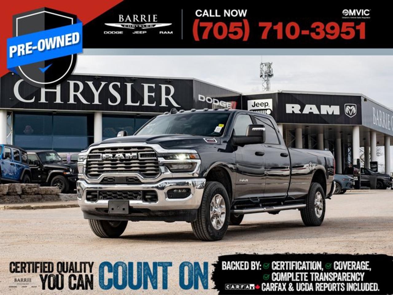 This vehicle is certified. You can trust that each certified vehicle goes through a 150-point inspection by our factory-trained master technicians. Our requirements exceed the provincial regulations of safety standards.With every detail disclosed and every standard met, confidence comes standard.Verified Vehicle History: CarFAX and UCDA reports included.Certified & Serviced: Oil, filters, and wipers replaced before delivery.Warranty You Can Trust: Up to 8 years or 200,000 KM of coverage.Finance Made Simple: Competitive rates for all credit profiles.Easy Exchange Program: Return within 7 days or 500 KM.Thank you for choosing Barrie Chrysler Dodge Jeep Ram, where the easy car-buying experience is all about you! Visit our expansive 50-car indoor showroom and view the hundreds of vehicles available, both on-site and off-site. We are located right in the heart of Barrie, on Dunlop St W, just off of Highway 400. - 395 Dunlop St W, Barrie, ON.We pay cash for cars, even if you dont buy one from us!Blue Metallic 2025 Ram 2500 Big Horn 4D Crew Cab 6.4L V8 8-Speed Automatic 4WDWe utilize real-time third-party software to price our vehicles, ensuring they align with the daily average market price. For that reason, our vehicles are priced competitively.We have over 100 pre-owned vehicles available onsite, with extra off-site inventory available at all times. Prices are plus HST and licensing fee.