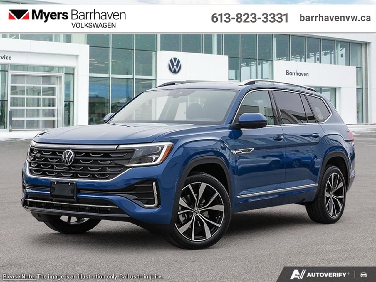 <b>Massaging Seats,  Sunroof,  Navigation,  360 Camera,  Leather Seats!</b><br> <br> The 2026 Volkswagen Atlas delivers three-row roominess, bold design and confident capability built for families.<br> <br>From the outside, the Atlas features a rugged stance, refined bodywork and modern lighting that give it bold SUV appeal. Inside, the cabin offers generous space across all three rows, intuitive connectivity and seating designed for both passengers and cargo. With its spacious utility, smart features and Volkswagens commitment to quality, the Atlas delivers a well-rounded choice for drivers seeking practicality without compromise.<br> <br>This Mountain Lake Blue Metallic SUV has an Automatic transmission and is powered by a 269HP 2.0L 4 Cylinder Engine. <br> <br> Our Atlass trim level is Execline. This trim rewards you with a panoramic sunroof, an aerial view camera system, and a 10-speaker harman/kardon audio system. Other standard features include ventilated and heated front seats with massage function, heated rear seats, leather upholstery, a heated steering wheel, adaptive cruise control, Car-Net 4G LTE, remote engine start, a power liftgate for rear cargo access, and a 12-inch infotainment screen with inbuilt navigation, Apple CarPlay and Android Auto. Safety features also include lane keep assist with lane departure warning, collision mitigation, blind spot alert, front and rear parking sensors, and forward collision mitigation. This vehicle has been upgraded with the following features: Massaging Seats, Sunroof, Navigation, 360 Camera, Leather Seats, Premium Audio, Cooled Seats.<br><br> <br>To apply right now for financing use this link: <a href=https://www.barrhavenvw.ca/financing-request/ target=_blank>https://www.barrhavenvw.ca/financing-request/</a><br> <br/>Cash Purchase Incentive 0% financing for 60 months. 3.99% financing for 84 months. <br> Buy this vehicle now for the lowest bi-weekly payment of <b>$425.69</b> with $0 down for 84 months @ 3.99% APR O.A.C. ( Plus applicable taxes - $840 Doc fee. Cash purchase selling price includes: Tire Stewardship ($20.00), OMVIC Fee ($12.50). (HST) are extra. (HST), licence, insurance & registration not included. **Rebates may not apply to all purchase types. Conditions varysee dealer for details. ). Incentives expire 2026-08-31. See dealer for details. <br> <br> <br>LEASING:<br><br>Estimated Lease Payment: $382 bi-weekly <br>Payment based on 2.99% lease financing for 51 months with $0 down payment on approved credit. Total obligation $42,213. Mileage allowance of 16,000 KM/year. Offer expires 2026-08-31.<br><br><br>We are your premier Volkswagen dealership in the region. If youre looking for a new Volkswagen or a car, check out Barrhaven Volkswagens new, pre-owned, and certified pre-owned Volkswagen inventories. We have the complete lineup of new Volkswagen vehicles in stock like the GTI, Golf R, Jetta, Tiguan, Atlas Cross Sport, Volkswagen ID.4 electric vehicle, and Atlas. If you cant find the Volkswagen model youre looking for in the colour that you want, feel free to contact us and well be happy to find it for you. If youre in the market for pre-owned cars, make sure you check out our inventory. If you see a car that you like, contact 844-914-4805 to schedule a test drive.<br> Come by and check out our fleet of 40+ used cars and trucks and 110+ new cars and trucks for sale in Nepean.  o~o