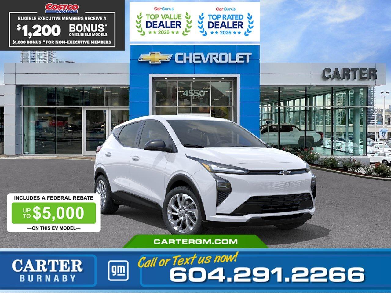 Drive Electric and Save Big! Get up to $10,000 in combined SAVINGS on your new EV through Manufacturer and Federal EVAP rebates! Upgrade to an EV today and maximize your savings with limited-time rebate funding. Eligibility: Final transaction price must not exceed $50,000 (before taxes and fees) and rebates subject to program availability and approval.  Plus, for a limited time, exclusive savings are back for Costco members! Receive a $1,200 Executive Member Bonus or a $1,000 Non-Executive Member Bonus on select models.  Efficient and fun to drive, this 2027 Chevrolet Bolt LT FWD delivers all-electric performance with an impressive 422 km driving range. Inside, enjoy a sporty feel with a flat-bottom wrapped steering wheel and the convenience of heated power-adjustable mirrors. Advanced safety features including Front Pedestrian and Bicyclist Braking, Reverse Automatic Braking, Rear Cross Traffic Braking, Blind Zone Steering Assist, Side Bicyclist Alert, and StabiliTrak stability control help keep you confident on every drive.  Come take it for a test drive today and experience all this stylish vehicle has to offer!  WHY CARTER GM BURNABY?  - An unrivalled vehicle purchasing experience! - Exceeding our loyal customers expectations since 1963 - 4.5 Google star rating with 2,300+ customer reviews) - CarGurus Top-Rated Dealer 2025 Award - CarGurus Top Value Dealer 2025 Award - Vehicle trades welcome! Best price guaranteed! - We provide upfront pricing, zero hidden fees, and 100% transparency - Fast approvals and 99% acceptance rates (no matter your current credit status!) - Multilingual staff (many languages spoken) - Comfortable non-pressured environment with in-store television, WIFI and a childrens play area! - In-store restaurant: fresh daily menu        Were here to help you drive the vehicle you want, the vehicle you deserve! QUESTIONS? GREAT! WEVE GOT ANSWERS! To speak with a friendly vehicle specialist - CALL NOW! The advertised price includes all standard dealer fees and any applicable manufacturer or dealer incentives. It does not include applicable taxes, licensing, insurance, or optional products or services. Dealer fees will be clearly broken out and itemized on the bill of sale, maximum total of fees $699.00. Prices are shown in Canadian dollars. While we make every effort to ensure accuracy, vehicle details, pricing, options, and availability are subject to change without notice. Please confirm all information with dealership sales management before purchase. Dealer Code: 81129