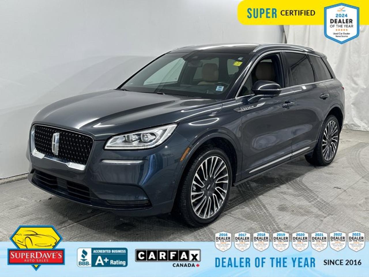 Meet this Super Certified 2021 Lincoln Corsair Reserve   a luxurious, well-equipped compact SUV that blends refinement with confident AWD capability. With 81,669 km on the odometer, this Corsair feels broken-in but ready for many more adventures, and comes Super Certified for extra peace of mind. Under the hood is a turbocharged 2.3L four-cylinder paired with an 8-speed automatic, delivering smooth power and responsive passing ability, plus all-wheel drive for traction in changing conditions.<br><p>THE SUPER DAVES ADVANTAGE</p> <p>BUY REMOTE - No need to visit the dealership. Through email, text, or a phone call, you can complete the purchase of your next vehicle all without leaving your house!</p> <p>DELIVERED TO YOUR DOOR - Your new car, delivered straight to your door! When buying your car with Super Daves, well arrange a fast and secure delivery. Just pick a time that works for you and well bring you your new wheels!</p> <p>PEACE OF MIND WARRANTY - Every vehicle we sell comes backed with a warranty so you can drive with confidence.</p> <p>EXTENDED COVERAGE - Get added protection on your new car and drive confidently with our selection of competitively priced extended warranties.</p> <p>WE ACCEPT TRADES - We&rsquo;ll accept your trade for top dollar! We&rsquo;ll assess your trade in with a few quick questions and offer a guaranteed value for your ride. We&rsquo;ll even come pick up your trade when we deliver your new car.</p> <p>SUPER CERTIFIED INSPECTION - Every vehicle undergoes an extensive 120 point inspection, that ensure you get a safe, high quality used vehicle every time.</p> <p>FREE CARFAX VEHICLE HISTORY REPORT - If youre buying used, its important to know your cars history. Thats why we provide a free vehicle history report that lists any accidents, prior defects, and other important information that may be useful to you in your decision.</p> <p>METICULOUSLY DETAILED &ndash; Buying used doesn&rsquo;t mean buying grubby. We want your car to shine and sparkle when it arrives to you. Our professional team of detailers will have your new-to-you ride looking new car fresh.</p> <p>(Please note that we make all attempt to verify equipment, trim levels, options, accessories, kilometers and price listed in our ads however we make no guarantees regarding the accuracy of these ads online. Features are populated by VIN decoder from manufacturers original specifications. Some equipment such as wheels and wheels sizes, along with other equipment or features may have changed or may not be present. We do not guarantee a vehicle manual, manuals can be typically found online in the rare event the vehicle does not have one. Please verify all listed information with our dealership in person before purchase. The sale price does not include any ongoing subscription based services such as Satellite Radio. Any software or hardware updates needed to run any of these systems would also be the responsibility of the client. All listed payments are OAC which means On Approved Credit and are estimated without taxes and fees as these may vary from deal to deal, taxes and fees are extra. As these payments are based off our lenders best offering they may be subject to change without notice. Please ensure this vehicle is ready to be viewed at the dealership by making an appointment with our sales staff. We cannot guarantee this vehicle will be on premises and ready for viewing unless and appointment has been made.)</p>