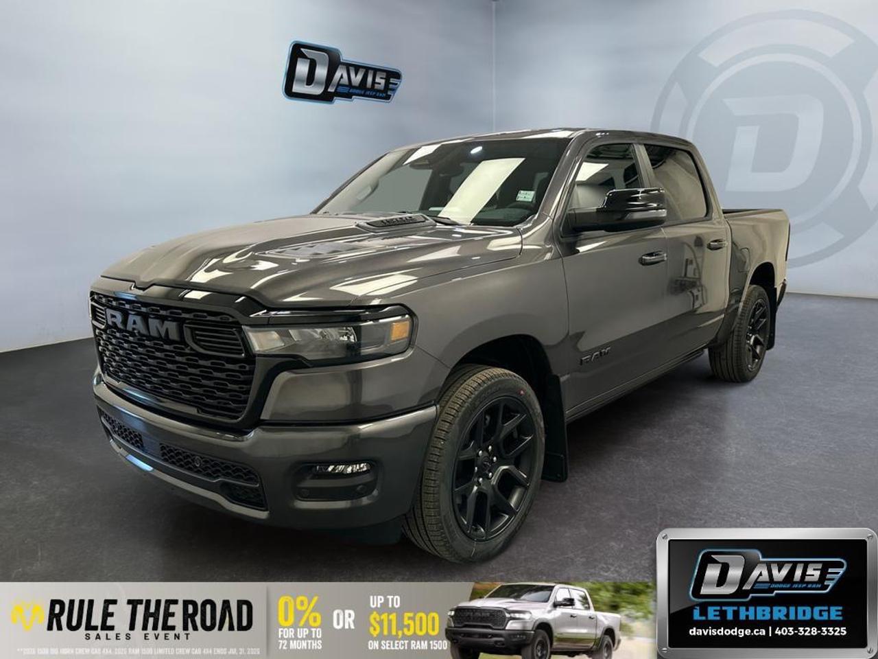 <b>Navigation, Apple CarPlay, Android Auto, 360 Camera, Heated Seats!</b><br /> <br /> Built tough yet crafted for comfort, the 2026 Ram 1500 sets a new standard for modern pickup performance.<br /> <br />The Ram 1500's unmatched luxury transcends traditional pickups without compromising its capability. Loaded with best-in-class features, it's easy to see why the Ram 1500 is so popular. With the most towing and hauling capability in a Ram 1500, as well as improved efficiency and exceptional capability, this truck has the grit to take on any task.<br /> <br />This Granite Crystal Metallic Crew Cab 4X4 pickup has an Automatic transmission and is powered by a 420HP 3.0L Straight 6 Cylinder Engine. <br /> <br /> Our 1500's trim level is Sport. This Ram 1500 in Sport trim rewards you with front heated seats, a leather-wrapped heated steering wheel, a 360 camera system, a 10-speaker Alpine audio, and a 12-inch infotainment screen with inbuilt navigation, Apple CarPlay and Android Auto, and 4G LTE Wi-Fi hotspot. Additional features include class IV towing equipment, aluminum wheels, power adjustable pedals, intersection collision assist, evasion assist, lane keep assist with lane departure warning, and even more! This vehicle has been upgraded with the following features: Navigation, Apple CarPlay, Android Auto, 360 Camera, Heated Seats, Heated Steering Wheel, Aluminum Wheels.<br /><br /> <br />To apply right now for financing use this link: <a href=https://lethbridge.davisdodge.ca/free-credit-check/ target=_blank rel=nofollow noopener noreferrer>https://lethbridge.davisdodge.ca/free-credit-check/</a><br /> <br /><br />As a premier Chrysler, Dodge, Jeep and RAM dealership, Davis Dodge proudly offers an extensive selection of new and used vehicles to meet every drivers needs. Customers across Lethbridge, Fort Macleod, Taber, Claresholm, Coaldale, and beyond trust us for daily vehicle specials, certified service and parts, and a seamless online inventory experience. <br /><br /> With competitive financing options and expert support, we make car buying easy and enjoyable. <br /><br /> Ready to hit the road? Schedule your test drive today at Davis Dodge, your trusted Chrysler, Dodge, Jeep and RAM dealer in Lethbridge, Alberta.<br /><br /> Vehicle pricing offer shown expires 2026-07-31. <br /> Come by and check out our fleet of 40+ used cars and trucks and 110+ new cars and trucks for sale in Lethbridge. o~o