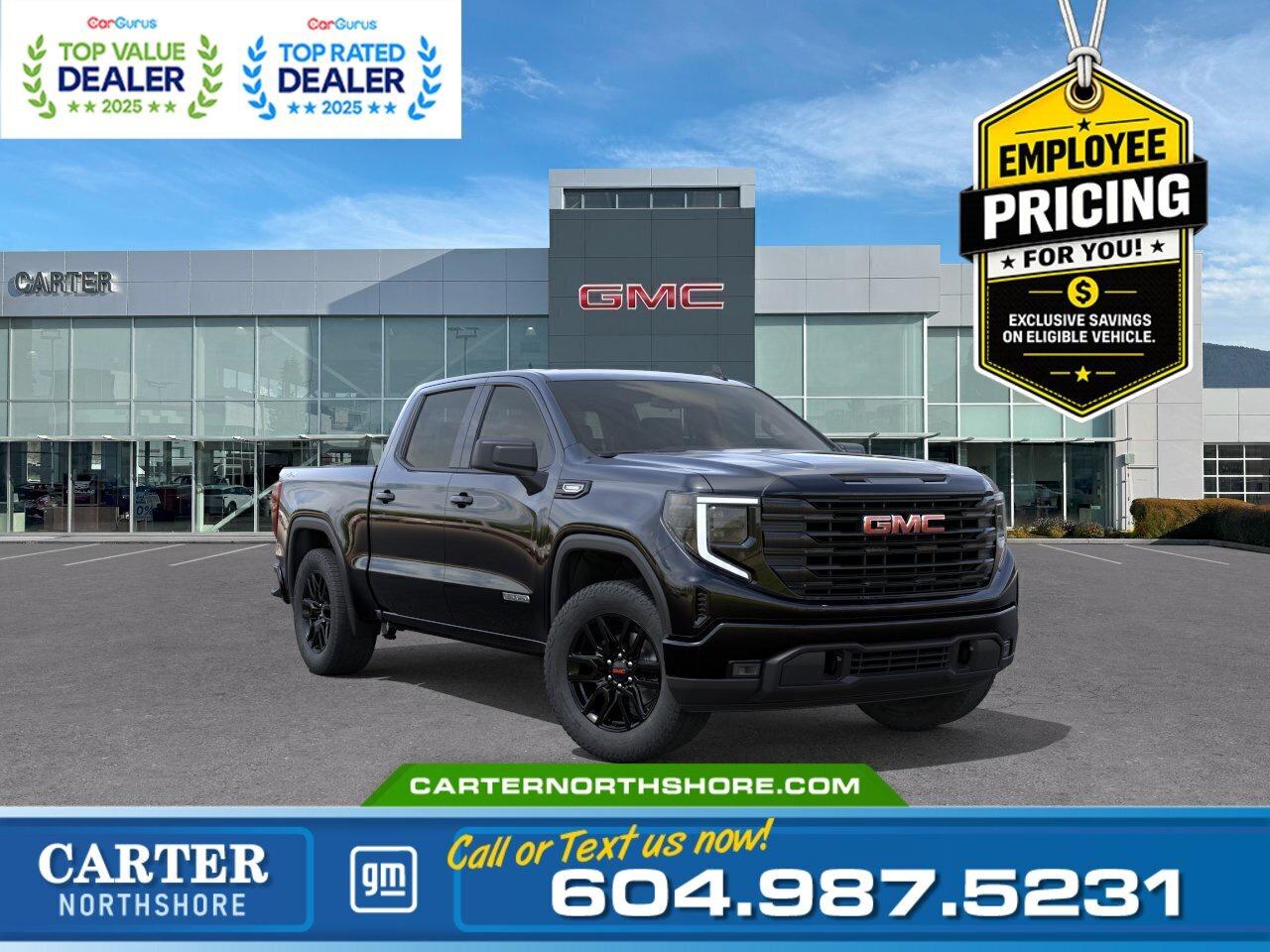 GREAT NEWS&hellip; EMPLOYEE PRICING IS BACK! Take advantage of exclusive Employee Pricing on eligible new vehicles and enjoy exceptional value for a limited time. This is your opportunity to save on the vehicle youve been waiting for while inventory lasts. Contact us today to confirm your eligibility and discover the available offers on your preferred model.  Experience the 2026 GMC Sierra Short Box Crew Cab 1500 4WD, featuring a 2.7L TurboMax engine paired with an 8-speed automatic transmission and 4WD for power and precision. This Elevation model stands out in Onyx Black with 20" high-gloss black wheels and a MultiPro tailgate with EZ lift. Inside, enjoy heated front seats, 13.4" touchscreen infotainment with navigation, wireless phone projection, and advanced safety including lane keep assist, forward collision alert, and HD rear vision camera. Come take it for a test drive today and experience all this stylish vehicle has to offer!  WHY CARTER GM NORTHSHORE? - An unrivalled vehicle purchasing experience! - Exceeding our loyal customers expectations since 1990 - 4.7 Google star rating (with 1,700+ customer reviews) - CarGurus Top-Rated Dealer 2025 Award - CarGurus Top Value Dealer 2025 Award - Vehicle trades welcome! Best price guaranteed! - We provide upfront pricing, zero hidden fees, and 100% transparency - Fast approvals and 99% acceptance rates (no matter your current credit status!) - Multilingual staff (many languages spoken) - Comfortable non-pressured environment with in-store television, WIFI and a childrens play area!        Were here to help you drive the vehicle you want, the vehicle you deserve! QUESTIONS? GREAT! WEVE GOT ANSWERS! To speak with a friendly vehicle specialist - CALL NOW! The advertised price includes all standard dealer fees and any applicable manufacturer or dealer incentives. It does not include applicable taxes, licensing, insurance, or optional products or services. Dealer fees will be clearly broken out and itemized on the bill of sale, maximum total of fees $699.00. Prices are shown in Canadian dollars. While we make every effort to ensure accuracy, vehicle details, pricing, options, and availability are subject to change without notice. Please confirm all information with dealership sales management before purchase. Dealer Code: 81121