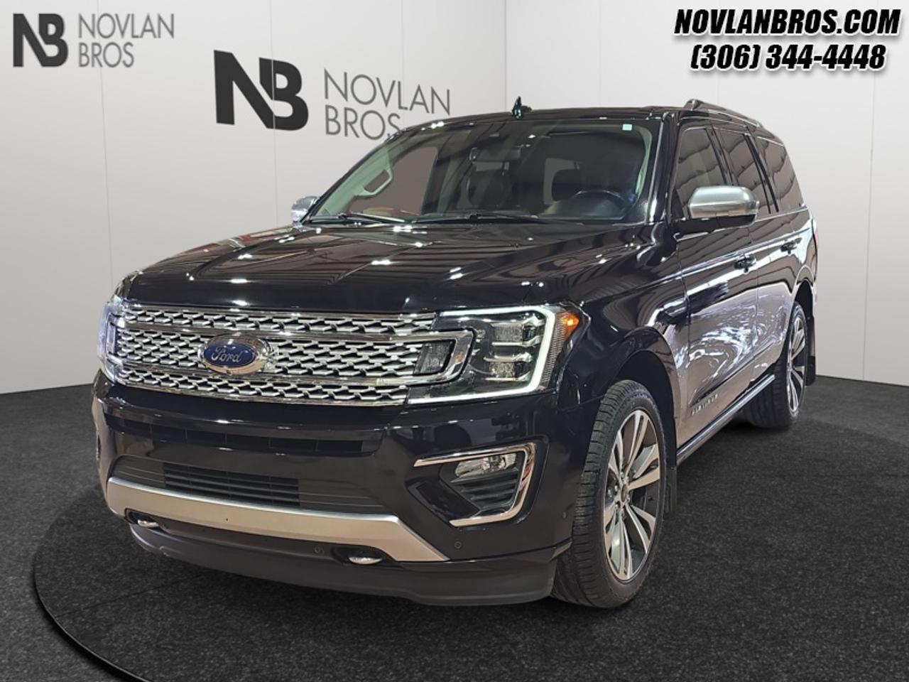 <b>Leather Seats,  Cooled Seats,  Heated Seats, Sunroof, Navigation!</b><br> <br> Check out our great inventory of pre-owned vehicles at Novlan Brothers!<br> <br>Fords flagship SUV, the Expedition sets the benchmark for what a full size SUV should look and feel like. This 2021 Ford Expedition is for sale today in Paradise Hill.<br> <br>This Ford Expedition Max sets the benchmark for all other full size SUVs in multiple categories. From its vast and comfortable interior, to the excellent driving dynamics it delivers uncompromized towing capability, there isnt much this Expedition cant do. Power, style and plenty of space for passengers and cargo give the Ford Expedition its swagger and imposing presence on the road.<br> <br>This SUV has 123,403 km. Its Agate Black in colour. It has a 10 Speed Automatic transmission and is powered by a 400HP 3.5L V6 Cylinder Engine. <br> <br> Our Expeditions trim level is Platinum. Stepping up to this Ford Expedition Platinum is a wise choice as youll receive plenty of luxurious features such as exclusive aluminum wheels and exclusive exterior styling, a dual-row power sunroof, a power tailgate, power running boards, a premium Bang and Oulfsen 12 speaker stereo, an 8 inch touchscreen paired with navigation, Apple CarPlay, Android Auto, SiriusXM and SYNC 3 with enhanced voice recognition. Additional top of the line features include lane keep assist, power heated and cooled luxury leather seats with power adjustable pedals, FordPass Connect 4G, a heated leather steering wheel, proximity keyless entry with smart device remote engine start, Ford Co-Pilot360 that adds a 360 degree camera, active park assist, automatic emergency braking, front and rear park assist, blind spot monitoring, rear cross traffic alert and adaptive cruise control. This vehicle has been upgraded with the following features: Leather Seats, Cooled Seats, Heated Seats, Sunroof, Navigation, Heated Seats, Second Row Seats Captain Chairs.<br> To view the original window sticker for this vehicle view this <a href=http://www.windowsticker.forddirect.com/windowsticker.pdf?vin=1FMJU1MT9MEA10095 target=_blank>http://www.windowsticker.forddirect.com/windowsticker.pdf?vin=1FMJU1MT9MEA10095</a>. <br/><br> <br>To apply right now for financing use this link: <a href=http://novlanbros.com/credit/ target=_blank>http://novlanbros.com/credit/</a><br> <br/>Payments from <b>$784.90</b> monthly with $0 down for 84 months @ 8.99% APR O.A.C. ( Plus applicable taxes - Plus applicable fees ). See dealer for details. <br><br>The Novlan family is owned and operated by a third generation and committed to the values inherent from our humble beginnings.<br> Come by and check out our fleet of 20+ used cars and trucks and 90+ new cars and trucks for sale in Paradise Hill.  o~o