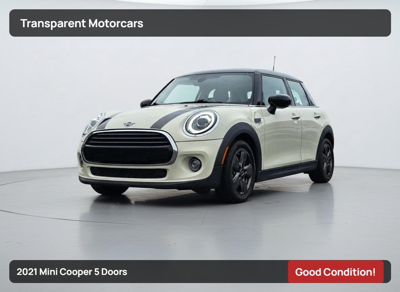 Transparent Motorcars is pleased to offer this beautiful Electric Blue 2021 Mini Cooper 5 Doors with 66604 km. It Features 134 Horsepower 1.5L Turbocharged Engine Paired With 7-Speed Automatic Transmission, C & C Package, Aluminum Wheels + Performance tires, AUX Audio, Bluetooth Connection, Hard Disk Drive Media Storage, MP3 Player, Back-up camera, Navigation System, Smart Device Integration, Dual Moonroof, Heated Front Seats, A/C, Auto-Dimming Rearview Mirror, Automatic Headlights, Bucket Seats, Climate Control, Lumbar Support, Keyless Start/Entry, Multi-Zone A/C, Rain Sensing Wipers, LED Headlights, Aluminum Wheels, Rear Parking Aid, 44L Fuel Tank And Much More! <br/> <br/> <br/> <br/> <br/> Stock# G000241M Dealer # 50276 <br/> <br/> <br/> <br/> <br/> <br/> <br/> $995 Documentation Fee <br/> <br/> <br/> <br/> <br/> <br/> <br/> 3771 No.3 Road Richmond/4211 No.3 Road Richmond <br/> <br/> <br/> <br/> <br/> <br/> <br/> This vehicle has undergone a comprehensive 110-point inspection at our state-of-the-art service facility, covering: Powertrain, Suspension, Tire Tread Depth ,Brake Condition ,All Electrical Components <br/> <br/> <br/> <br/> <br/> <br/> <br/> *Each vehicle comes with a limited warranty for your peace of mind. <br/> <br/> <br/> <br/> <br/> <br/> <br/> *Free, full CARFAX Vehicle History Report available upon request. <br/> <br/> <br/> <br/> <br/> <br/> <br/> <br/> <br/> *We are a 5-star rated Google dealership, trusted by our customers. <br/> <br/> <br/> <br/> <br/> *Thousands of satisfied customers  we invite you to join our automotive family! <br/> <br/> <br/> <br/> <br/> <br/> <br/> <br/> <br/> *Complimentary pick-up service from the airport, ferry terminal, or SkyTrain station is available. <br/> <br/> <br/> <br/> <br/> *For details on our refund and buyback policy, please contact our team directly. <br/> <br/> <br/> <br/> <br/> <br/> <br/> At our dealership, we pride ourselves on building lasting relationships with our customers. Were not just a one-time dealer  we are committed to being your trusted partner for all your vehicle needs, now and in the future. From your initial purchase to ongoing service, we aim to exceed expectations every step of the way. <br/>
