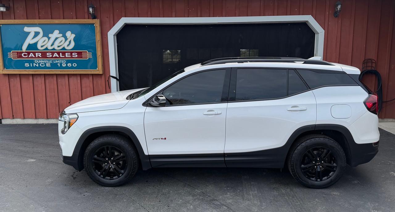 <p><strong>JUST IN.....2024 GMC TERRAIN AT4 AWD. ONLY 34,000 KMS! CARFAX CANADA CLEAN....NO ACCIDENTS. LIKE NEW SHAPE INSIDE & OUT! FRESH CERAMIC PAINT SEALANT! NEW OIL & FILTER. ONLY ONE PREVIOUS ONTARIO OWNER. 1.5 LTR 4 CYL. WITH A 9 SPEED TRANS. GREAT FUEL ECONOMY! FULLY LOADED INCLUDING PANORAMIC SUNROOF. POWER REAR LIFTGATE. HEATED LEATHER SEATS. POWER DRIVERS & PASSENGER SEAT. PUSH BUTTON START WITH SENTRY ENTRY. 2 SMART KEY FAUBS. REMOTE START. APPLE CARPLAY & ANDROID AUTO. BLUETOOTH. FOG LIGHTS. BLIND SIDE ALERT. LANE KEEP ASSIST. HOOD GUARD. REAR CARGO LINER. TINTED WINDOWS & MUCH MORE! BALANCE OF GM WARRANTY....3YR/60,000KM B TO B & 5YR/100,000 KM POWER TRAIN COVERAGE FROM IN SERVICE DATE: MARCH 20, 2024. $33,900.00 (hst & mto fees extra) CONTACT CHRIS @ 905-774-1965 or petescarsales@gmail.com. www.petescarsales.com</strong></p>