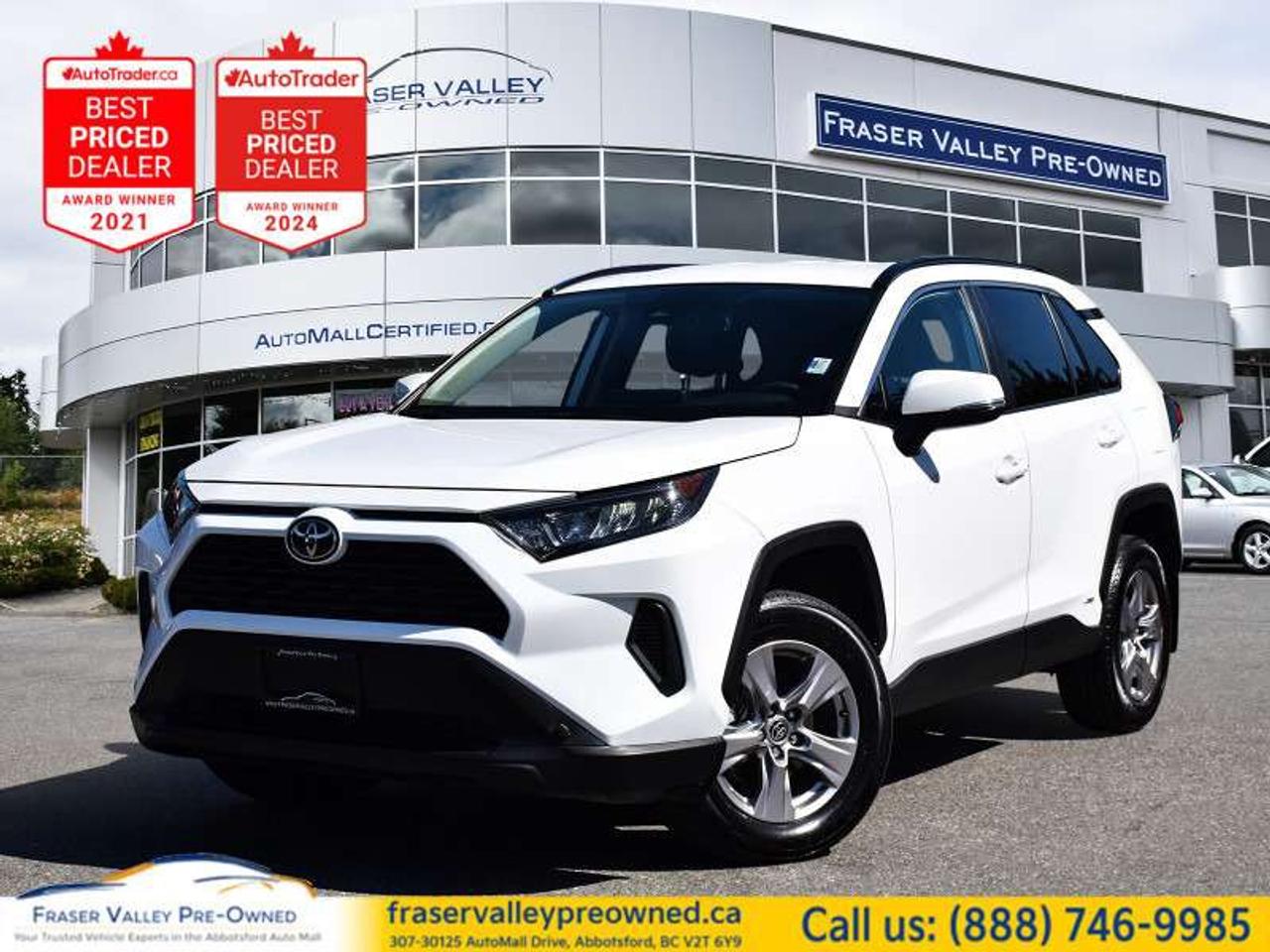 <b>
 
</b>
  <b>2025 TOYOTA RAV4 HYBRID LE AWD - CANADIAN-BUILT - TOYOTA SAFETY SENSE 2.0 - HEATED SEATS - 29,104 KM</b>
 
<i>219HP Hybrid AWD, Apple CarPlay, Android Auto, Blind Spot Monitor, Lane Keep Assist, Dynamic Radar Cruise</i>
 
Fraser Valley Pre-Owned is proud to present this 2025 Toyota RAV4 Hybrid LE in White over black fabric - one of the most practical, fuel-efficient, and in-demand SUVs on the road today, and this one arrives with the full Toyota Safety Sense 2.0 suite and hybrid AWD at a price well below what the next buyer would pay at a Toyota store. Assembled right here in Canada, the RAV4 Hybrid LE pairs a 2.5L four-cylinder with an electric motor system for a combined 219 horsepower and all-wheel drive capability without a transfer case or driveshaft - Toyotas Electric on Demand AWD system sends power to the rear wheels when needed and drops away when it isnt, keeping fuel consumption impressively low in everyday driving. Toyota Safety Sense 2.0 is the full package - dynamic radar cruise control, pre-collision system with pedestrian detection, lane departure alert with lane keep assist, automatic high beam assist, and blind spot monitoring with rear cross-traffic alert. Add Apple CarPlay, Android Auto, heated front seats, heated power mirrors, LED headlights, remote keyless entry, and a rear-view camera, and this is a genuinely well-equipped family SUV that asks very little of its owner in return. Clean Carfax Canada, no accidents or damage records, and 29,104 km on a 2025 model - the math works.
 
<b>Highlights</b>
 
2025 Toyota RAV4 Hybrid LE AWD
White exterior
Black fabric interior
29,104 km
2.5L 4-Cylinder Hybrid - 219HP combined
CVT transmission
Electric on Demand AWD
Assembled in Canada
Toyota Safety Sense 2.0
Dynamic Radar Cruise Control
Pre-collision system with pedestrian detection
Lane Departure Alert with Lane Keep Assist
Automatic High Beam Assist
Blind Spot Monitoring
Rear Cross-Traffic Alert
Apple CarPlay
Android Auto
7-inch touchscreen
Heated front seats
Heated power mirrors
LED headlights
Remote keyless entry
Steering wheel audio controls
Rear-view camera
EV and ECO driving modes
USB and auxiliary inputs
No accident or damage records on Carfax Canada
Normal branding on Carfax Canada
 
<b>Restoration Notes</b>
 
Carfax Canada confirms no accidents or damage records and normal branding throughout. Pre-delivery inspection completed at a Toyota dealer including cargo tray installation and full detail. Arrives clean, fresh, and ready. Serviced and inspected to Fraser Valley Automall standards before hitting the lot.
 
Trades welcome.
 
Finance and warranty options available for all types of credit situations.
 
<b>Dealership:</b>
 
Fraser Valley Pre-Owned is where families shop smart. The RAV4 Hybrid is consistently one of the most searched and most purchased SUVs in Canada for good reason - it does everything well and costs almost nothing to run. Finding a 2025 model with under 30,000 km, Toyota Safety Sense 2.0, and a clean Carfax Canada at a pre-owned price is exactly the kind of opportunity we exist to offer. As the only dedicated pre-owned store inside the Fraser Valley Automall, we hold every unit to a standard that earns repeat business. Multiple-time AutoTrader Lowest Priced Dealer award winners and proud recipients of the 2025 and 2026 Canadian Consumer Choice Award for Pre-Owned Auto Dealership of the Year. Smart buy. Smarter price.
 
307-30125 Auto Mall Drive, Abbotsford, BC V2T 6Y9
Fraser Valley Automall
www.fraservalleypreowned.ca
 
All finance/lender options available - cash purchases welcome
 
 
To apply right now for financing use this link: <a href=https://www.fraservalleypreowned.ca/abbotsford-car-loan-application-british-columbia target=_blank>https://www.fraservalleypreowned.ca/abbotsford-car-loan-application-british-columbia</a>
 

| Our Quality Guarantee: We maintain the highest standard of quality that is required for a Pre-Owned Dealership to operate in an Auto Mall. We provide an independent 360-degree inspection report through licensed 3rd Party mechanic shops. Thus, our customers can rest assured each vehicle will be a reliable, and responsible purchase.  |  Purchase Disclaimer: Your selected vehicle may have a differing finance and cash prices. When viewing our vehicles on third party  marketplaces, please click over to our website to verify the correct price for the vehicle. The Sale Price on third party websites will always reflect the Finance Price of our vehicles. If you are making a Cash Purchase, please refer to our website for the Cash Price of the vehicle.  | All prices are subject to and do not include, a $995 Finance Fee, a $995 Document Fee, and a $499 GPS Lot Pack. VSA Security Fee of $10 is applicable as we are a Certified VSA Dealer (#40190).  These fees as well as taxes, are included in all listed listed payment quotes. Please speak with Dealer for full details and exact numbers.  o~o