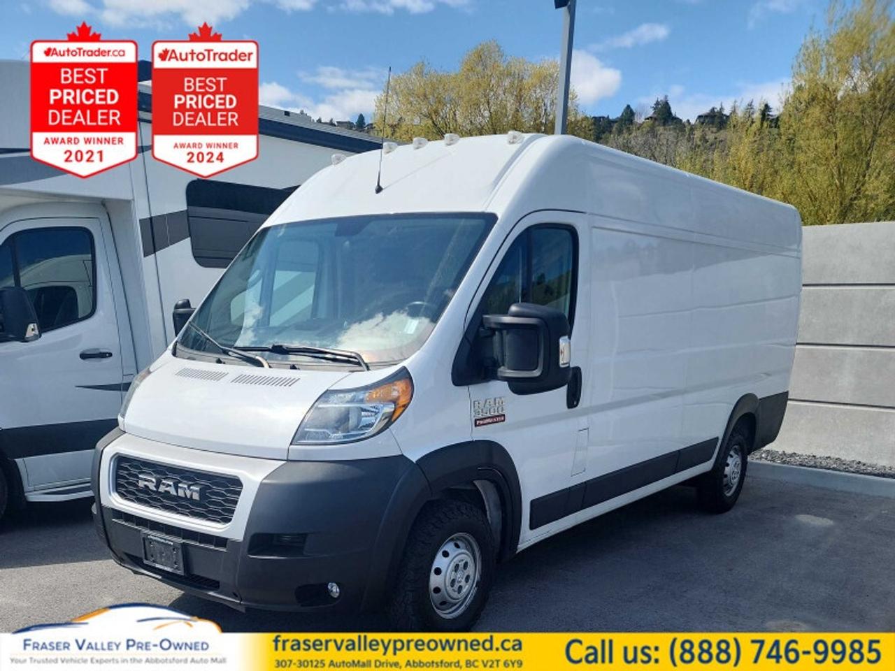 Rear Camera,  Remote Keyless Entry,  Uconnect3,  Streaming Audio,  Air Conditioning!
 
 This Ram ProMaster Cargo Van offers a space-efficient design, a user-friendly interior, and is the ultimate commercial-friendly vehicle. This 2021 Ram ProMaster Cargo Van is fresh on our lot in Abbotsford. 
 
This Ram ProMaster is a purpose-built, full-size van, designed to deliver maximum utility and functionality. With an upfitter-friendly design that includes nearly vertical side walls and uninterrupted floor space, this ProMaster delivers maximum storage, functionality, and simple configurability. Class-exclusive front-wheel drive gives this van enhanced traction in all seasons while providing increased cargo capacity. While its Best-in-Class turning radius allows you to effortlessly manoeuvre in tight spaces. This van has 69,602 km. Its nice in colour. It has a 6 Speed Automatic transmission and is powered by a 280HP 3.6L V6 Cylinder Engine. It may have some remaining factory warranty, please check with dealer for details. 
 
 Our ProMaster Cargo Vans trim level is 3500 High Roof Ext 159. This full-size van comes packed with work-ready features inside and out. Featuring the best-in-class turning diameter, exceptional payload capacity and it also includes remote keyless entry, air conditioning, power windows, Uconnect 3 w/5 inch display screen and streaming audio, a remote USB port for charging your devices, tire pressure monitoring, electronic stability control, trailer sway control, electronic roll mitigation, Rams Parkview rear camera and much more. This vehicle has been upgraded with the following features: Rear Camera, Remote Keyless Entry, Uconnect3, Streaming Audio, Air Conditioning, Power Windows.
 To view the original window sticker for this vehicle view this http://www.chrysler.com/hostd/windowsticker/getWindowStickerPdf.do?vin=3C6MRVJG6ME535015. 

 
To apply right now for financing use this link: https://www.fraservalleypreowned.ca/abbotsford-car-loan-application-british-columbia
 
 

| Our Quality Guarantee: We maintain the highest standard of quality that is required for a Pre-Owned Dealership to operate in an Auto Mall. We provide an independent 360-degree inspection report through licensed 3rd Party mechanic shops. Thus, our customers can rest assured each vehicle will be a reliable, and responsible purchase.  |  Purchase Disclaimer: Your selected vehicle may have a differing finance and cash prices. When viewing our vehicles on third party  marketplaces, please click over to our website to verify the correct price for the vehicle. The Sale Price on third party websites will always reflect the Finance Price of our vehicles. If you are making a Cash Purchase, please refer to our website for the Cash Price of the vehicle.  | All prices are subject to and do not include, a $995 Finance Fee, a $995 Document Fee, and a $499 GPS Lot Pack. VSA Security Fee of $10 is applicable as we are a Certified VSA Dealer (#40190).  These fees as well as taxes, are included in all listed listed payment quotes. Please speak with Dealer for full details and exact numbers.  o~o