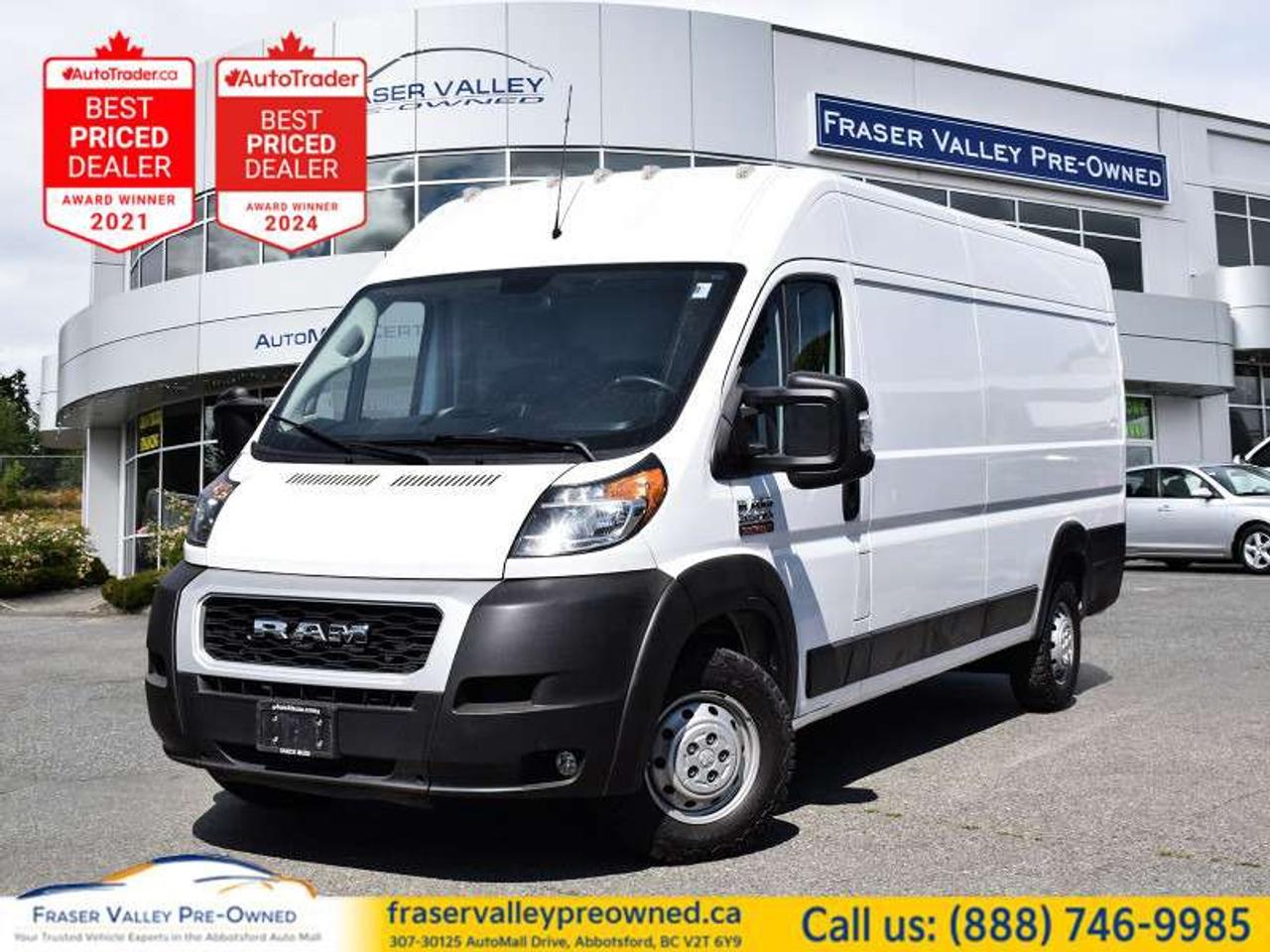 <b>
 
</b>
  <b>2021 RAM PROMASTER 3500 HIGH ROOF EXTENDED - 159 WB - PLYWOOD LINED - BACK-UP CAM - 69,602 KM</b>
 
<i>3.6L V6, 6-Speed Auto, High Roof Cargo, Heated Mirrors, Fog Lamps, Keyless Entry, Uconnect 5-inch, AC</i>
 
Fraser Valley Pre-Owned is proud to present this 2021 Ram ProMaster 3500 High Roof Extended in Bright White - the long-wheelbase, high-roof configuration that serious owner-operators and tradespeople actually want. With a 159-inch wheelbase, nearly vertical side walls, and an uninterrupted flat cargo floor, this ProMaster is built to swallow full sheets of plywood, ladders, equipment, and inventory without compromise. The previous owner already did the smart thing and lined the cargo area with plywood wall panels and a reinforced floor - ready to work from day one without spending another dollar on upfitting. Front-wheel drive gives it real-world traction advantage in BC winters, the 3.86 axle ratio and brake-actuated limited slip differential keep it moving when it matters, and a 1,964 kg maximum payload rating means it can handle a serious load. The drivers side is sorted too - Uconnect 5-inch touchscreen with backup camera, Bluetooth, keyless entry, air conditioning, power windows, heated power mirrors with integrated turn signals, fog lamps, steering wheel audio controls, and a 180-amp alternator to handle whatever accessories you need to run. BC registered throughout, 9 service records on Carfax Canada, and priced where a working van should be. If you run a business and need a van that earns its keep immediately, this is the one.
 
<b>Highlights</b>
 
2021 Ram ProMaster 3500 High Roof Extended Cargo Van
Bright White exterior
Black interior
69,602 km
3.6L V6 - 280HP
6-Speed automatic transmission
Front-wheel drive
159-inch wheelbase - extended body
High roof configuration
Plywood side wall paneling - upper and lower
Reinforced plywood cargo floor
1,964 kg maximum payload capacity
3.86 axle ratio
Brake-actuated limited slip differential
180-amp alternator
Engine oil cooler
Block heater
Rear hinged doors with fixed glass windows
Third passenger door
Heated power mirrors with integrated turn signals
Fog lamps
Cab clearance lights
Daytime running lights
Tire pressure monitoring
Uconnect 3 - 5-inch touchscreen
Back-up camera
Bluetooth connectivity
Streaming audio
AM/FM radio
Steering wheel audio controls
Keyless entry with FOB controls
Air conditioning
Power windows
Power door locks
Split bench seat with driver adjustable lumbar
Leather-wrapped steering wheel
Front cupholder
12V DC power outlet
Cargo space lights
Stability control and traction control
4-wheel disc brakes with ABS
GVWR 4,241 kg - 9,350 lbs
BC registration throughout
9 service records on Carfax
 
<b>Restoration Notes</b>
 
Carfax Canada confirms BC registration with normal branding throughout. 9 service records on file including oil changes, tire service, and maintenance inspections performed at BC dealers and service shops throughout ownership. Cargo area arrives with plywood wall lining and floor protection already in place - ready to work immediately. Serviced and inspected to Fraser Valley Automall standards before hitting the lot.
 
Trades welcome.
 
Finance and warranty options available for all types of credit situations.
 
<b>Dealership:</b>
 
Fraser Valley Pre-Owned works with business owners, owner-operators, and tradespeople who need a van they can count on from day one. We understand that downtime costs money and a van that needs work before it can work is not a deal - it is a problem. This ProMaster arrives plywood-lined, mechanically sorted, and priced to move. As the only dedicated pre-owned store inside the Fraser Valley Automall, we hold every unit to a standard that earns repeat business. Multiple-time AutoTrader Lowest Priced Dealer award winners and proud recipients of the 2025 and 2026 Canadian Consumer Choice Award for Pre-Owned Auto Dealership of the Year. Ready to work - just like you.
 
307-30125 Auto Mall Drive, Abbotsford, BC V2T 6Y9
Fraser Valley Automall
www.fraservalleypreowned.ca
 
All finance/lender options available - cash purchases welcome
 

 
To apply right now for financing use this link: <a href=https://www.fraservalleypreowned.ca/abbotsford-car-loan-application-british-columbia target=_blank>https://www.fraservalleypreowned.ca/abbotsford-car-loan-application-british-columbia</a>
 

| Our Quality Guarantee: We maintain the highest standard of quality that is required for a Pre-Owned Dealership to operate in an Auto Mall. We provide an independent 360-degree inspection report through licensed 3rd Party mechanic shops. Thus, our customers can rest assured each vehicle will be a reliable, and responsible purchase.  |  Purchase Disclaimer: Your selected vehicle may have a differing finance and cash prices. When viewing our vehicles on third party  marketplaces, please click over to our website to verify the correct price for the vehicle. The Sale Price on third party websites will always reflect the Finance Price of our vehicles. If you are making a Cash Purchase, please refer to our website for the Cash Price of the vehicle.  | All prices are subject to and do not include, a $995 Finance Fee, a $995 Document Fee, and a $499 GPS Lot Pack. VSA Security Fee of $10 is applicable as we are a Certified VSA Dealer (#40190).  These fees as well as taxes, are included in all listed listed payment quotes. Please speak with Dealer for full details and exact numbers.  o~o