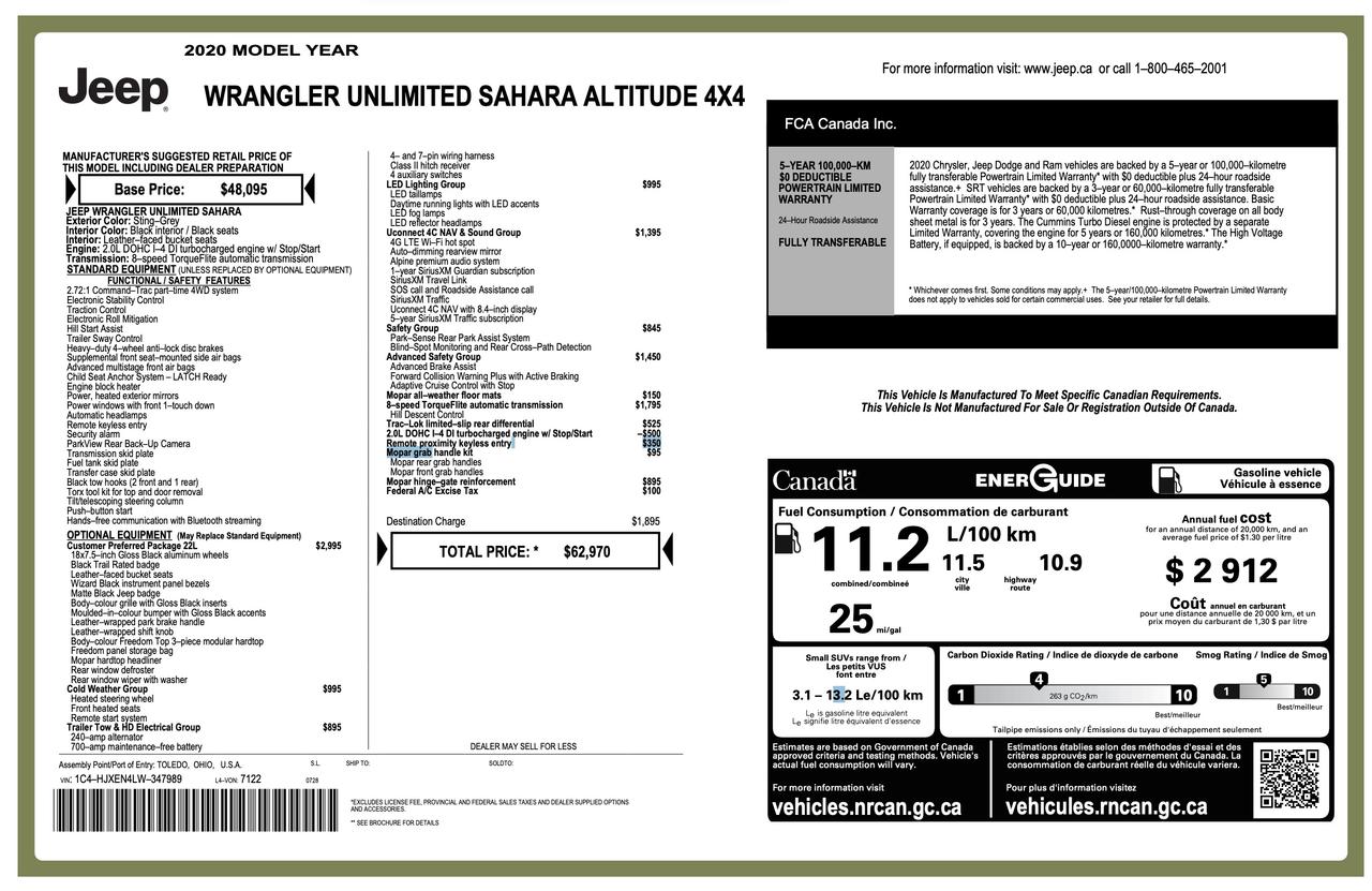 2020 Jeep Wrangler Unlimited Sahara ALTITUDE PK| LTHR|COLD WTHR GRP|NAV/SND GRP|LED GR Photo