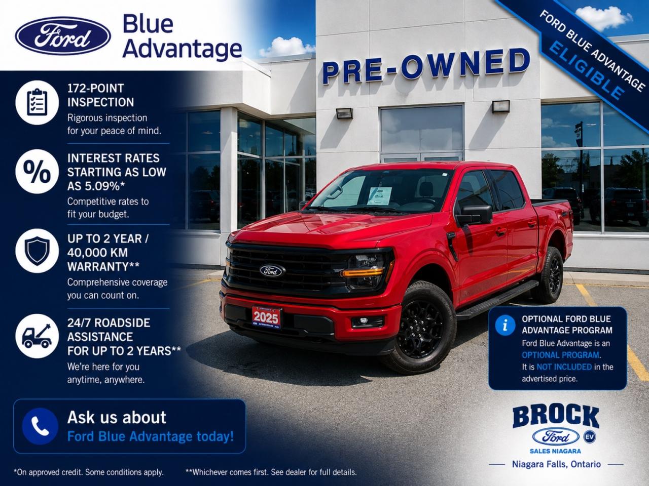 Discover power and style with the 2025 Ford F-150 XLT in striking Red, now available at Brock Ford. This rugged yet refined pickup has only 10,388 km, offering you the perfect blend of like-new performance and dependable durability. Equipped to handle your toughest jobs and weekend adventures, the F-150 XLT delivers exceptional capability, advanced technology, and a comfortable, spacious interior designed for both work and play. Dont miss your chance to own this iconic truck that stands out on every road. Visit Brock Ford today and drive home the 2025 Ford F-150 XLT - where performance meets passion.

View more details at Brock Ford:
https://www.brockfordsales.com/used/search.html
Call us today: 1-905-357-5410