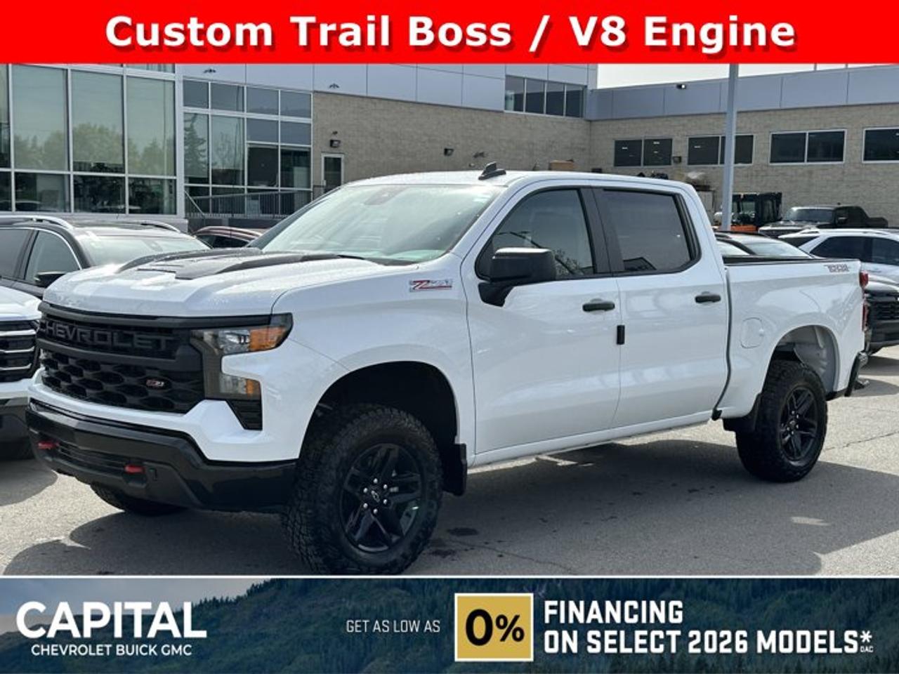 This Chevrolet Silverado 1500 boasts a Gas V8 5.3L/325 engine powering this Automatic transmission. ENGINE, 5.3L ECOTEC3 V8 (355 hp [265 kW] @ 5600 rpm, 383 lb-ft of torque [518 Nm] @ 4100 rpm); featuring available Dynamic Fuel Management that enables the engine to operate in 17 different patterns between 2 and 8 cylinders, depending on demand, to optimize power delivery and efficiency, Wireless phone projection for Apple CarPlay and Android Auto, Windows, power rear, express down.*This Chevrolet Silverado 1500 Comes Equipped with These Options *Window, power front, passenger express down, Window, power front, drivers express up/down, Wi-Fi Hotspot capable (Terms and limitations apply. See onstar.ca or dealer for details.), Wheels, 18 x 8.5 (45.7 cm x 21.6 cm) High gloss Black painted aluminum, Wheel, 17 x 8 (43.2 cm x 20.3 cm) full-size, steel spare, USB ports, rear, dual, charge-only, USB Ports, 2, Charge/Data ports located on the instrument panel, Transfer case, two-speed electronic Autotrac with push button control (4WD models only), Tires, LT275/65R18C blackwall Goodyear Wrangler Territory MT, Tire, spare 265/70R17SL all-season, blackwall.* Stop By Today *For a must-own Chevrolet Silverado 1500 come see us at Capital Chevrolet Buick GMC Inc., 13103 Lake Fraser Drive SE, Calgary, AB T2J 3H5. Just minutes away!