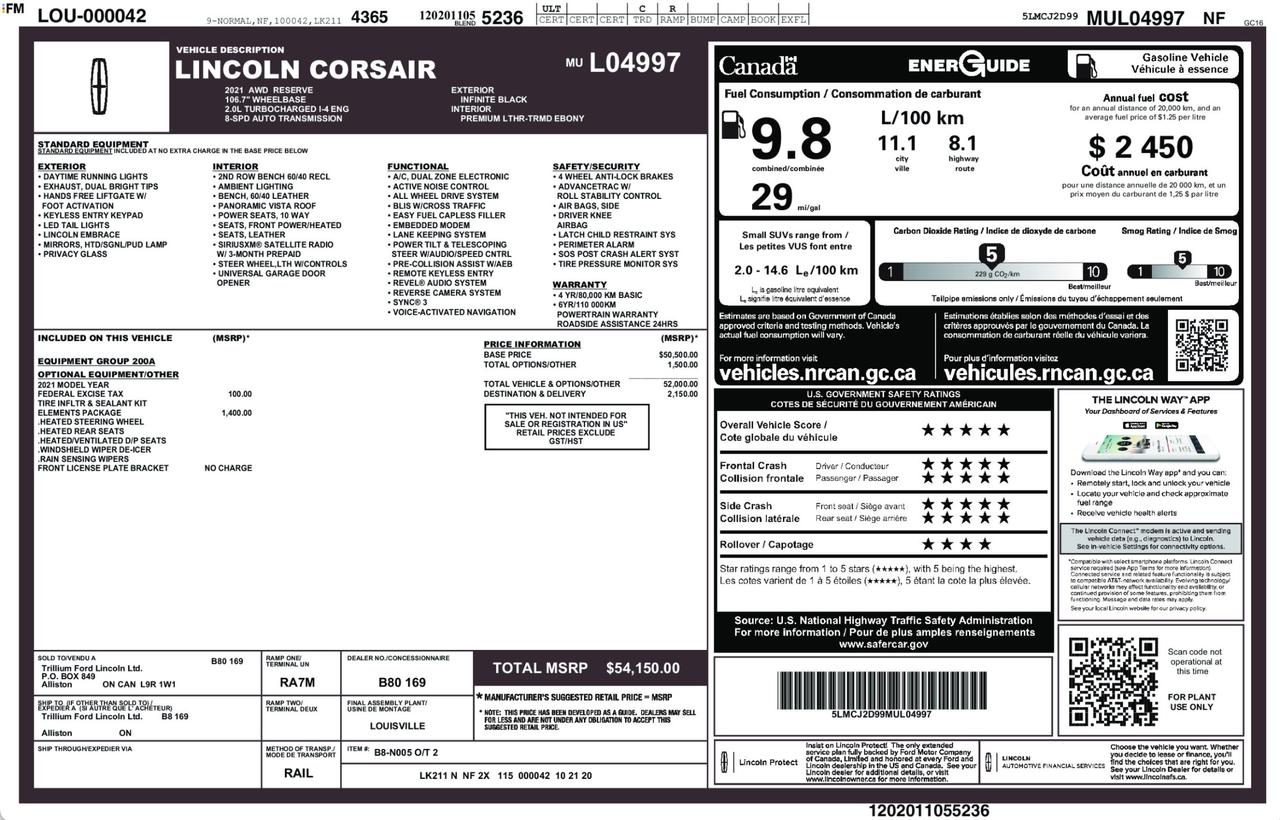2021 Lincoln Corsair Reserve 200A| INFINITE BLACK | PREM LTHR HEATED SEATS | 2.0L TURBO | 8-SPD AT | 20" WHLS | ELEMENTS PKG Photo