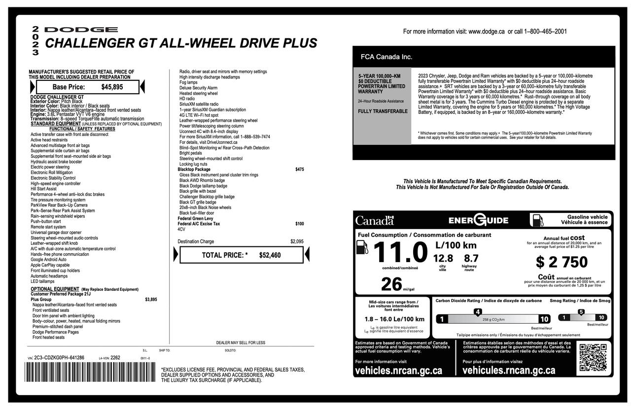 2023 Dodge Challenger GT PITCH BLACK | BLACK CLOTH HOUNDSTOOTH | 3.6L V6 | 8-SPD AT | 20 IN WHLS | PLUS GRP | BLACKTOP PKG Photo3