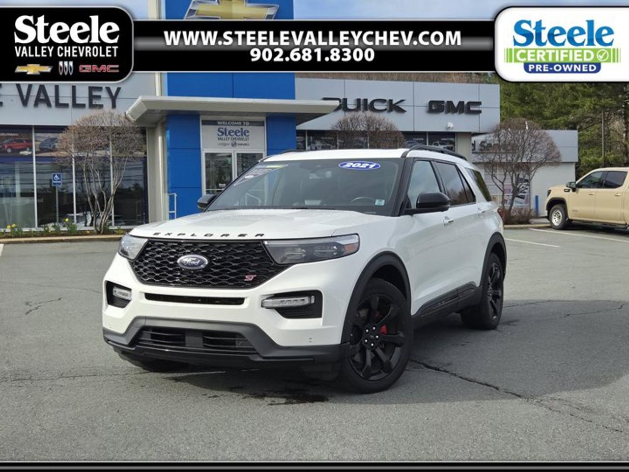 This 2021 Ford Explorer ST 4WD with the 3.0L EcoBoost V6 engine and 113,000 km, finished in White with red brake calipers and a Black interior, has completed a Steele Auto Group 85-point inspection and met certification standards. The vehicle has been road tested by a certified technician, received a fresh oil change and filters, and has been professionally detailed inside and out.Key Features:High-output 3.0L EcoBoost V6 performanceApple CarPlay and Android Auto integrationHeated front seats and heated steering wheelPower driver and passenger seats with lumbar supportRemote start systemSport-tuned suspension with ST stylingPositioned as the performance-focused trim in the Explorer lineup, the 2021 Ford Explorer ST 4WD delivers strong acceleration and confident all-wheel-drive capability, making it a compelling option for buyers comparing midsize SUVs with a focus on power and driving dynamics. We invite you to book a viewing and test drive at your convenience.