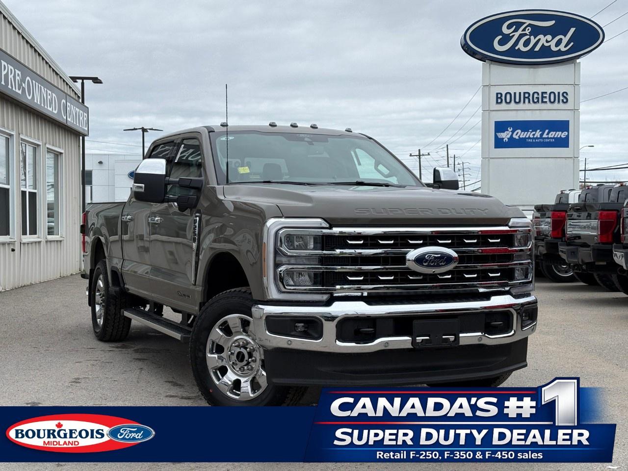 <p>Introducing the 2026 Ford Super Duty F-250 SRW LARIAT 4WD Crew Cab, featuring a stunning Gray exterior and robust 4×4 drivetrain, promising unparalleled handling and power on any terrain.</p> <p>This new truck is a true standout, with its commanding presence and stylish appearance. The LARIAT trim is accentuated by the premium black interior, offering both comfort and cutting-edge functionality. This truck is equipped with essential features like air conditioning, Bluetooth connectivity, brake assist, cruise control, and keyless entry, ensuring a seamless driving experience. Additionally, the power windows, smart device integration, and a convenient Wi-Fi hotspot elevate the overall driving convenience.</p> <p>Inside, you'll find heated mirrors, a heated steering wheel, and heated front seats for those chilly Canadian winters, along with cooled front seats for added comfort in the summer heat. The combination of these features with the automatic transmission ensures smooth and effortless driving, while the integrated technological advancements provide modern connectivity and control. Safety and driver assistance features emphasize its suitability for both work and leisure.</p> <p>This truck is perfect for those seeking a reliable and versatile vehicle with an emphasis on luxury and practicality. Whether you're navigating through the city or venturing into tougher terrains, the Ford Super Duty F-250 SRW LARIAT is ready for the challenge. Contact our dealership today to schedule a test drive and explore the impressive capabilities of this exceptional truck.</p> <p><span style=color:rgb( 58 , 80 , 95 )>The discount shown on vehicle represents the </span><u>Cash Purchase</u><span style=color:rgb( 58 , 80 , 95 )> discount and is inclusive of all non-stackable and stackable cash purchase discounts from Ford of Canada and Bourgeois Motors Ltd. and is offered in lieu of sub-vented lease or finance rates. To get details on current discounts applicable to this and other vehicles in our inventory for Lease and Finance customer, see a member of our team. All offers for lease or finance are On Approved Credit (OAC).While every effort is made to ensure the accuracy of discounts and programs, programs are subject to change without notice </span><span style=color:rgb( 119 , 119 , 119 )>and may not be accurate or completely current. While every reasonable effort is made to ensure the accuracy of this data, we are not responsible for any errors or omissions contained on these pages.</span></p> <p><strong>Why Choose the Bourgeois Auto Group?</strong></p><p>For 80 years, Bourgeois Auto Group has been delivering exceptional automotive experiences. Our factor trained teams work to ensure you receive the shopping experience you deserve; whether you're looking for a new or new-to-you vehicle.</p><p>Shop 24/7 with our online showroom and chat service, ensuring convenience every step of the way. No hidden fees, full disclosure, and every pre-owned vehicle comes with a Carfax® report for peace of mind.</p><p>We offer a wide selection of pre-owned vehicles, all competitively priced using real-time market data. Get the best deal on your purchase and trade-in with our free Live Market Analysis report.</p><p>Looking to sell your car? We buy any make or modelno purchase required. Our simple to use online trade valuation tool will provide you with a clear, transparent selling experience whether you buy our car or not.</p><p>Backed by hundreds dedicated employees across 4 convenient locations, were here to meet all your automotive needs. Visit us in Midland or Parry Sound and explore our inventory or schedule your next service today.</p> <p><strong>Financing Your Next Vehicle with Bourgeois Motors Ford in Midland:</strong></p><p>At Bourgeois Motors Ford, we make financing your next vehicle simple and stress-free! Our team works with trusted lenders to find flexible options tailored to your budget. Drive away with confidenceapply today!</p><p>Take advantage of our online pre-qualification tool, backed by Equifax and TD Bank to find the payment that works for you. Simply <a href=https://www.bourgeoismotors.com/free-credit-check/ rel=nofollow><strong>CLICK HERE</strong></a><strong> </strong>to use our secure online credit tool with no impact to your credit.</p> <p><strong>This Is a Dealer Demonstrator. </strong>Experience exceptional value with Bourgeois Motors Fords executive demos. These are like-new vehicles with low mileage, premium features, and significant savings. Drive away with confidence, backed by the balance of factory warranties and our commitment to quality. Its a great way to own a new Ford.</p>