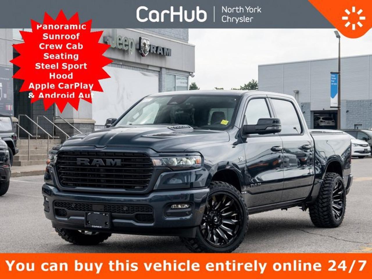 <p>This Ram 1500 delivers a Gas/Electric V-8 5.7 L/345 engine powering this Automatic transmission. ENGINE: 5.7L HEMI VVT V8 W/MDS & ETORQUE -inc: 48-Volt Belt Starter Generator, Heavy-Duty Engine Cooling, Passive Tuned Mass Damper, Delete Alternator, HEMI Badge, Passive Cold End Exhaust, 18 Aluminum Spare Wheel, Wheels: 20 x 9 Aluminum Painted Clad, Voice Recorder.</p><p>This Ram 1500 Features the Following Options</p> 57 Box Dual-Pane Panoramic Sunroof  Apple CarPlay  Android Auto  Crew Cab Seats<p>Dual-pane panoramic sunroof, USB mobile projection, valet function, trip computer, variable intermittent wipers, tire-specific low-pressure warning, trailer sway control, trailer wiring harness, power door locks with integrated tailgate and rear-door locking, vinyl door trim insert, cloth and vinyl bucket seats, Forged Blue Metallic exterior, 20-inch wheels and all-season tires.</p><p>Drive Happy with CarHub<br />*** All-inclusive, upfront prices -- no haggling, negotiations, pressure, or games *** Purchase or lease a vehicle and receive a $1000 CarHub Rewards card for service. *** All available manufacturer rebates have been applied and included in our new vehicle sale price *** Purchase this vehicle fully online on CarHub websites</p><p>Transparency Statement<br />USED VEHICLES: Online prices and payments are for finance purchases -- please note there is a $850 safety certification fee. if not Certified, then as per OMVIC Regulations the vehicle is deemed to be not drivable and Not Certified. Cash purchases for used vehicles have a $2,350 surcharge which includes the safety certification (the finance price + $2,350). NEW VEHICLES: New financed vehicles are subject to an $ 850 Processing Fee. New cars priced at over $100,000 including add-ons or accessories are subject to the additional federal luxury tax. While every effort is taken to avoid errors, technical or human error can occur, so please confirm vehicle features, options, materials, and other specs with your CarHub representative. This can easily be done by calling us or by visiting us at the dealership. CarHub used vehicles come standard with 1 key. If we receive more than one key from the previous owner, we include them with the vehicle. Additional keys may be purchased at the time of sale. Ask your Product Advisor for more details. Payments are only estimates derived from a standard term/rate on approved credit. Terms, rates and payments may vary. Prices, rates and payments are subject to change without notice. Please see our website for more details.</p><p> </p>
