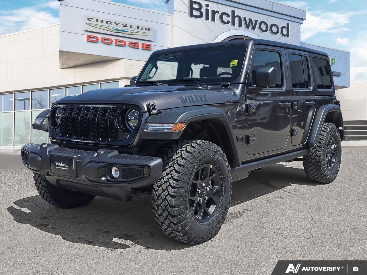 The 2026 Jeep Wrangler Willys is built for those who take their off-road capability seriously. With Mud-Terrain tires, a locking differential, and the rugged Willys-specific painted black 17 wheels, this rig is ready to tackle whatever terrain you point it at  straight from the factory. Its arriving soon at Birchwood Chrysler Dodge Jeep Ram, so now is the time to get your name on it.

- Tires: LT285/70R17C Mud-Terrain  serious off-road rubber right from the factory
- Brake Actuated Limited Slip Differential for maximum traction on technical terrain
- Part-Time 4WD with 3.6L Pentastar V6  proven power for trail and pavement alike
- Black Freedom Top 3-Piece Hardtop  easy removal, solid protection
- Steel Power Dome Hood Package for a distinct, aggressive look
- Uconnect 5W with 12.3 Display, plus 4G LTE Wi-Fi Hotspot and wireless phone connectivity
- Technology Group & Convenience Group packages included, adding smart device integration and proximity keyless entry
- MOPAR All-Weather Floor Mats and deep-tint windows  practical touches that matter

This Wrangler Willys is currently in transit and arriving soon. Dont wait for it to hit the lot  reserve it now, start your purchase online, or contact us with any questions. You can also book a test drive appointment at Birchwood Chrysler Dodge Jeep Ram and well make sure everything is ready when you are. Reach us anytime at birchwoodchrysler.ca.
Birchwood Chrysler Dodge is your choice for New Chrysler, Dodge, Jeep, RAM vehicles in Winnipeg. 
 
With us, Experience is Everything. Complete as much or as little of your purchase online as you like. All pricing you see is what you pay. No hidden fees. All new vehicle special offers and discounts are already calculated in the pricing. On our website you can choose payment options and terms knowing these are transparent and accurate.

Start your purchase online to build your exact pricing to your specifics like how much money down, vehicle trade and any accessories or added optional protection that suits your needs.

Any questions let us know by calling (204) 774-4444, wed love to send you a video to clarify any questions about a vehicle!

Visit us in store at 90-3965 Portage Ave in the Birchwood Autopark.

Dealer permit #5686
Dealer permit #5686