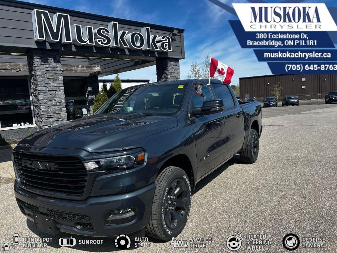 This RAM 1500 SPORT, with a 3.0L I-6 twin turbo engine engine, features a 8-speed automatic transmission, and generates 9.9 highway/13.2 city L/100km. Find this vehicle with only 108 kilometers!  RAM 1500 SPORT Options: This RAM 1500 SPORT offers a multitude of options. Technology options include: Disassociated Touchscreen Display, GPS Antenna Input, GPS Navigation, Voice Recorder, 2 LCD Monitors In The Front.  Safety options include Airbag Occupancy Sensor, Curtain 1st And 2nd Row Airbags, Driver Monitoring-Alert, Dual Stage Driver And Passenger Front Airbags, Dual Stage Driver And Passenger Seat-Mounted Side Airbags.  Visit Us: Find this RAM 1500 SPORT at Muskoka Chrysler today. We are conveniently located at 380 Ecclestone Dr Bracebridge ON P1L1R1. Muskoka Chrysler has been serving our local community for over 40 years. We take pride in giving back to the community while providing the best customer service. We appreciate each and opportunity we have to serve you, not as a customer but as a friend