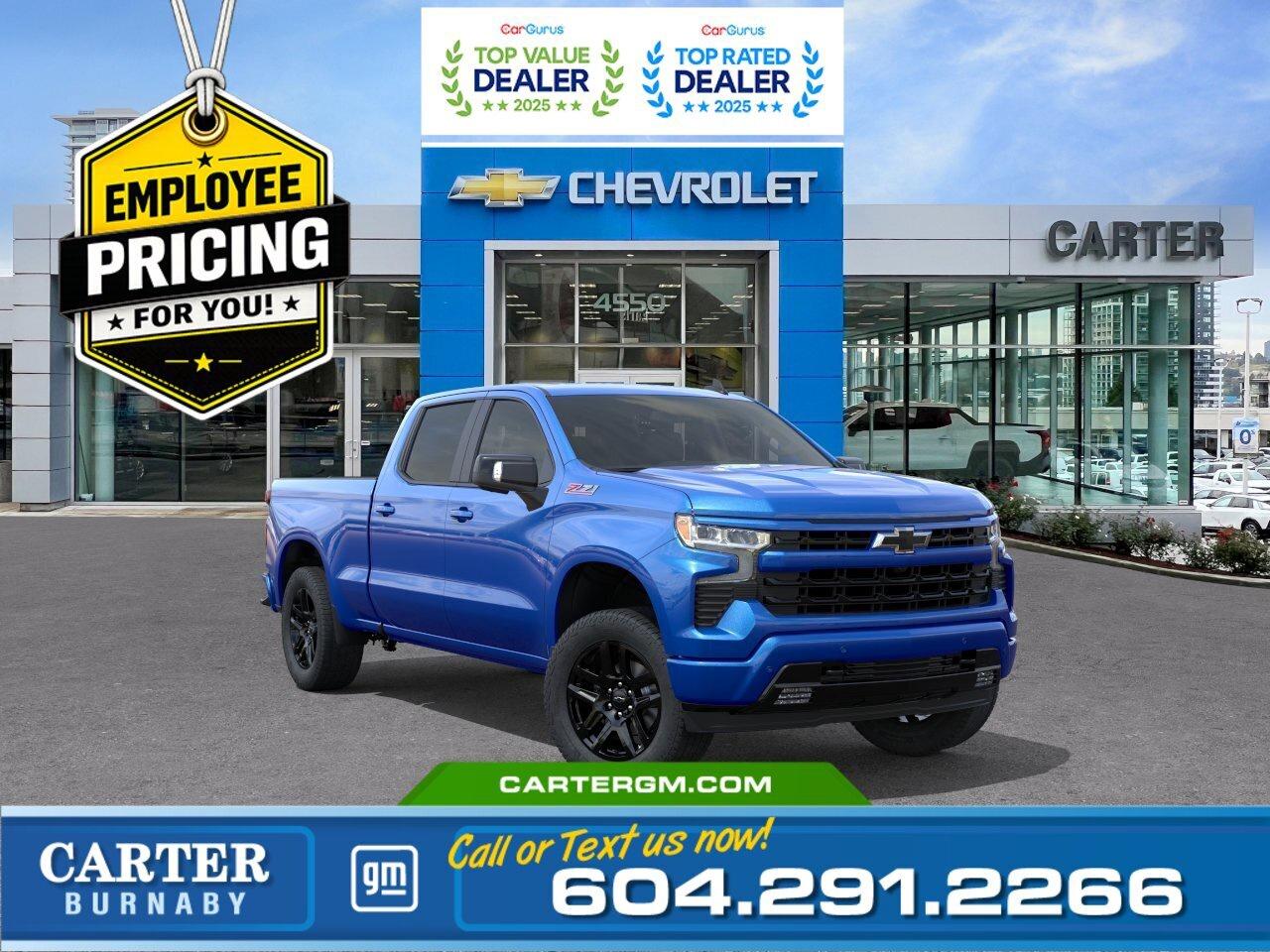 GREAT NEWS! THE EMPLOYEE PRICING EVENT IS BACK! Take advantage of exclusive Employee Pricing on eligible new vehicles and enjoy exceptional value for a limited time. This is your opportunity to save on the vehicle youve been waiting for while inventory lasts. Contact us today to confirm your eligibility and discover the available offers on your preferred model.  Command the road with this 2026 Chevrolet Silverado 1500 RST 4WD, powered by a 5.3L EcoTec3 V8 delivering 355 hp and Dynamic Fuel Management for efficiency. Equipped with the Z71 Off-Road Package, True North Edition, and Trailering Package with Hitch Guidance and integrated brake controller, its built for work and adventure. Enjoy a power up/down tailgate, 12.3" Driver Information Centre, and advanced safety like StabiliTrak with Proactive Roll Avoidance and traction control, including electronic trailer sway control and hill start assist.  Come take it for a test drive today and experience all this stylish vehicle has to offer!  WHY CARTER GM BURNABY?  - An unrivalled vehicle purchasing experience! - Exceeding our loyal customers expectations since 1963 - 4.5 Google star rating with 2,300+ customer reviews) - CarGurus Top-Rated Dealer 2025 Award - CarGurus Top Value Dealer 2025 Award - Vehicle trades welcome! Best price guaranteed! - We provide upfront pricing, zero hidden fees, and 100% transparency - Fast approvals and 99% acceptance rates (no matter your current credit status!) - Multilingual staff (many languages spoken) - Comfortable non-pressured environment with in-store television, WIFI and a childrens play area! - In-store restaurant: fresh daily menu        Were here to help you drive the vehicle you want, the vehicle you deserve! QUESTIONS? GREAT! WEVE GOT ANSWERS! To speak with a friendly vehicle specialist - CALL NOW! The advertised price includes all standard dealer fees and any applicable manufacturer or dealer incentives. It does not include applicable taxes, licensing, insurance, or optional products or services. Dealer fees will be clearly broken out and itemized on the bill of sale, maximum total of fees $699.00. Prices are shown in Canadian dollars. While we make every effort to ensure accuracy, vehicle details, pricing, options, and availability are subject to change without notice. Please confirm all information with dealership sales management before purchase. Dealer Code: 81129