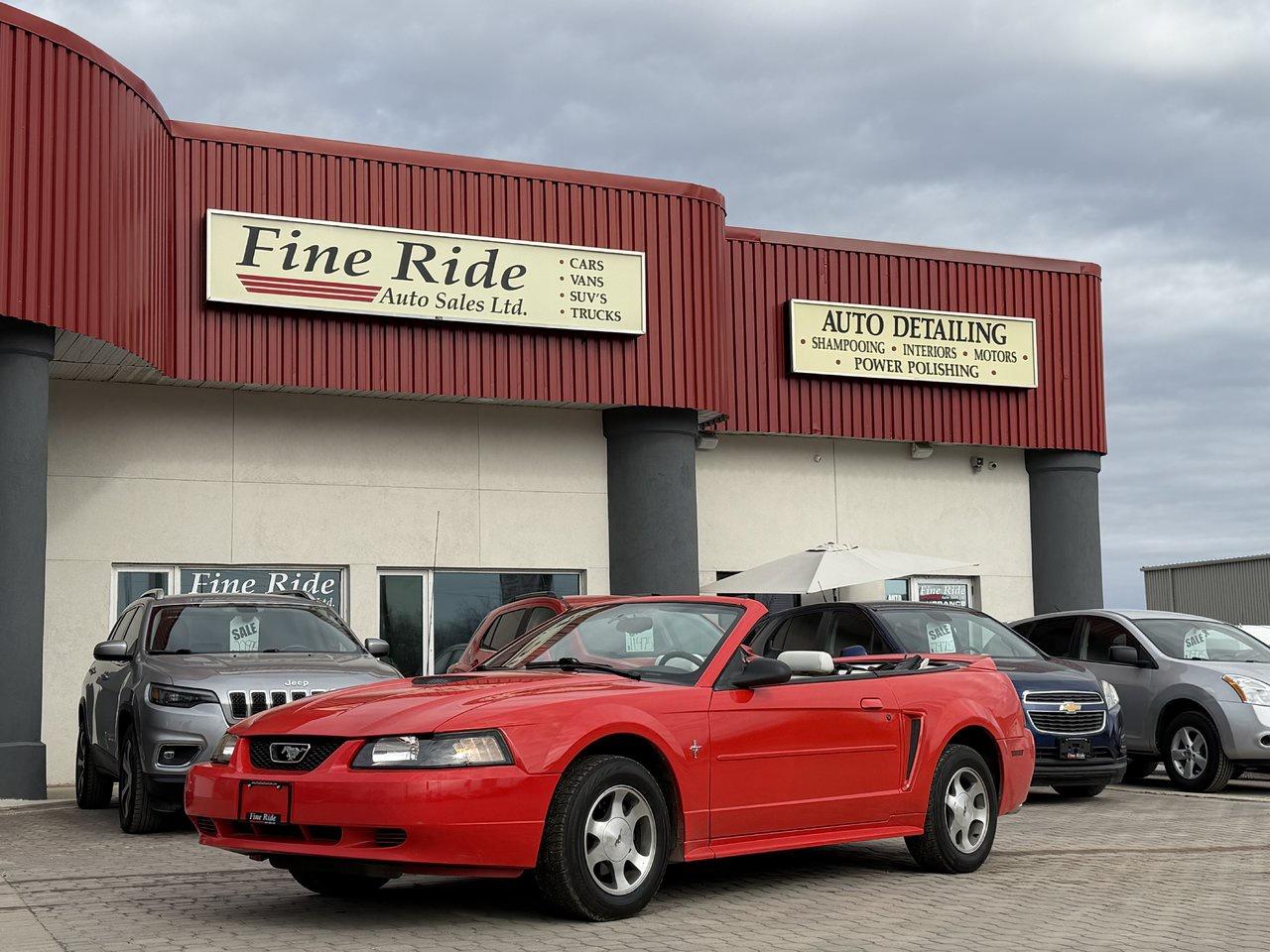 <p>2000 Ford Mustang Convertible</p><p>3.8LTR V6<br>ONLY 99,000kms!<br>A/C<br>Tilt<br>Cruise<br>Power windows<br>Power locks<br>Power mirrors<br>Power seat (drivers)<br>AM/FM radio with auxiliary input<br>Power convertible top<br>BRAND NEW top<br>Back up camera<br>Dual exhaust<br>Alloy wheels<br>REBUILT STATUS</p><p>$11,975 Safetied<br>Warranty Available at Fine Ride Auto Sales Ltd<br>www.FineRideAutoSales.ca</p><p>Call: 204-415-3300 or 1-855-854-3300<br>Text: 204-226-1790<br>View in person at: Unit 3-3000 Main Street</p><p>DLR# 4614<br>**Plus applicable taxes**</p><p></p><p><span style=color:#000000;><span style=font-family:book antiqua, palatino, serif;font-size:14pt;>Monday                9am to 6pm</span></span><br><span style=color:#000000;><span style=font-family:book antiqua, palatino, serif;font-size:14pt;>Tuesday               9am to 6pm</span></span><br><span style=color:#000000;><span style=font-family:book antiqua, palatino, serif;font-size:14pt;>Wednesday               9am to 6pm</span></span><br><span style=color:#000000;><span style=font-family:book antiqua, palatino, serif;font-size:14pt;>Thursday                9am to 6pm</span></span><br><span style=color:#000000;><span style=font-family:book antiqua, palatino, serif;font-size:14pt;>Friday                9am to 5pm</span></span><br><span style=color:#000000;><span style=font-family:book antiqua, palatino, serif;font-size:14pt;>Saturday                             10am to 2pm</span></span><br><span style=color:#000000;><span style=font-family:book antiqua, palatino, serif;font-size:14pt;>Sunday                    CLOSED</span></span></p>