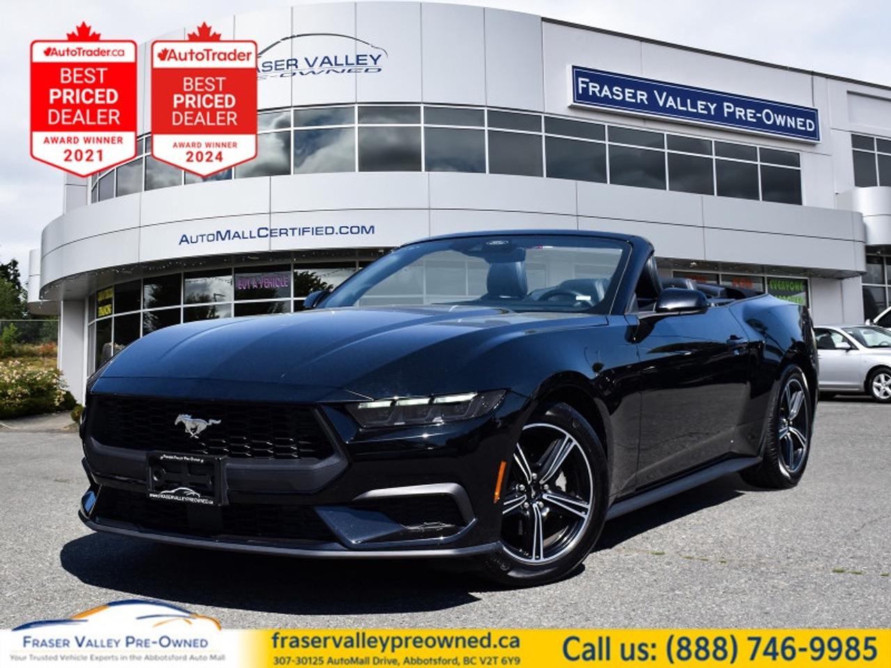 2025 FORD MUSTANG ECOBOOST PREMIUM CONVERTIBLE - SHADOW BLACK - LIMITED SLIP - SYNC 4 - 29,408 KM
 
Black Onyx Leather, Heated Seats, Heated Steering Wheel, Blind Spot Monitor, Apple CarPlay, Smart Charging USB
 
Fraser Valley Pre-Owned is proud to present this 2025 Ford Mustang EcoBoost Premium Convertible in Shadow Black over Black Onyx ActiveX leather - the cleanest, most commanding colour combination available on the new-generation Mustang, and this one wears it perfectly. With just 29,408 km on a turbocharged 2.3L EcoBoost paired to a 10-speed automatic, this is a drop-top that delivers genuine Mustang attitude without the V8 fuel bill. The all-black aesthetic is factory - black grille, 18-inch Machined Aluminum with Ebony Black painted pockets, rear blade spoiler, and sequential LED tail lamps with rain-sensing wipers round out a look that is aggressive without trying too hard. Inside, the Black Onyx ActiveX leather cabin is clean and loaded - heated front seats, heated steering wheel, ambient lighting, smart charging USB ports, dual-zone climate control, SYNC 4 with Apple CarPlay and Android Auto, blind spot detection with cross-traffic alert, lane keeping assist, electric power assist steering with selectable modes, and a 3.15 limited slip rear axle that reminds you this is still a proper performance car. BC registered, accident free, and serviced at BC Ford dealers throughout. A 2025 Mustang convertible at a pre-owned price - this one makes the math easy.
 
Highlights
 
2025 Ford Mustang EcoBoost Premium Convertible
Shadow Black exterior
Black Onyx ActiveX leather interior
29,408 km
2.3L EcoBoost turbocharged 4-cylinder
10-Speed automatic transmission
Rear-wheel drive
3.15 Limited Slip Axle
18-inch Machined Aluminum with Ebony Black painted pockets
Rear blade spoiler
Sequential LED tail lamps with turn signals
LED headlamps
Auto high beams
Rain-sensing wipers
Heated front seats
Heated leather-wrapped steering wheel
Power driver seat with lumbar
Ambient interior lighting
Smart charging USB ports
SYNC 4 infotainment system
Apple CarPlay
Android Auto
Dual-zone electronic climate control
Blind spot detection with cross-traffic alert
Lane keeping assist
Electric power assist steering with selectable modes
Selectable drive modes
AdvanceTrac stability control
Automatic emergency braking
Reverse camera system
Push-button start with keyless entry
Engine block heater
Easy fuel capless filler
BC registration throughout
No accident or damage records on Carfax
3 service records on Carfax - BC Ford dealers throughout
 
Restoration Notes
 
Carfax confirms no accidents or damage records and BC registration with normal branding throughout. 3 service records on file including service at BC Ford dealers and a BC tire shop, with the most recent visit including a powertrain computer inspection at a BC Ford dealer in April 2026 - arriving with a clean and current service history. Serviced and inspected to Fraser Valley Automall standards before hitting the lot.
 
Trades welcome.
 
Finance and warranty options available for all types of credit situations.
 
Dealership:
 
Fraser Valley Pre-Owned knows that a 2025 Mustang convertible in full Shadow Black with under 30,000 km is not a vehicle that needs much convincing - but we priced it like it does anyway. As the only dedicated pre-owned store inside the Fraser Valley Automall, we hold every unit to a standard that reflects what is parked on our lot. Multiple-time AutoTrader Lowest Priced Dealer award winners and proud recipients of the 2025 and 2026 Canadian Consumer Choice Award for Pre-Owned Auto Dealership of the Year. New-generation Mustang. Pre-owned price. Come see it in person.
 
307-30125 Auto Mall Drive, Abbotsford, BC V2T 6Y9
Fraser Valley Automall
www.fraservalleypreowned.ca
 
All finance/lender options available - cash purchases welcome
 

 
To apply right now for financing use this link: https://www.fraservalleypreowned.ca/abbotsford-car-loan-application-british-columbia
 

| Our Quality Guarantee: We maintain the highest standard of quality that is required for a Pre-Owned Dealership to operate in an Auto Mall. We provide an independent 360-degree inspection report through licensed 3rd Party mechanic shops. Thus, our customers can rest assured each vehicle will be a reliable, and responsible purchase.  |  Purchase Disclaimer: Your selected vehicle may have a differing finance and cash prices. When viewing our vehicles on third party  marketplaces, please click over to our website to verify the correct price for the vehicle. The Sale Price on third party websites will always reflect the Finance Price of our vehicles. If you are making a Cash Purchase, please refer to our website for the Cash Price of the vehicle.  | All prices are subject to and do not include, a $995 Finance Fee, a $995 Document Fee, and a $499 GPS Lot Pack. VSA Security Fee of $10 is applicable as we are a Certified VSA Dealer (#40190).  These fees as well as taxes, are included in all listed listed payment quotes. Please speak with Dealer for full details and exact numbers.  o~o