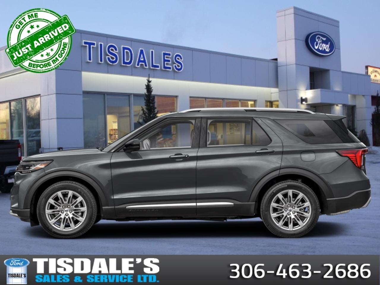 <b>Leather Package!</b><br> <br> <br> <br>Check out the large selection of new Fords at Tisdales today!<br> <br>Offering a smooth and controlled ride with plenty of room for you and yours, this 2026 Ford Explorer is a fantastic family SUV. <br> <br>This Ford Explorer is the ultimate lifestyle vehicle with plenty of style and space for all of your passengers and cargo. It has the hauling capabilities of a midsize SUV combined with strong off-road capabilities. Whether your next family adventure is to the grocery store or over a high mountain pass, the Ford Explorer was built to get you there with ease.<br> <br>This Carbonized Grey Metallic SUV has an Automatic transmission and is powered by a 300HP 2.3L 4 Cylinder Engine. <br> <br> Our Explorers trim level is Platinum. This Explorer Platinum rewards you with a dual-panel sunroof and cooled front seats, as well as BlueCruise 1.2, inbuilt navigation, Bang & Olufsen audio, an aerial view camera system and a heated steering wheel. Also standard include 20 aluminum wheels, FordPass Connect 5G mobile hotspot internet access, adaptive cruise control, smart device remote engine start, and a power liftgate for rear cargo access. On the inside, occupants are treated to leather upholstery, voice-activated dual-zone climate control, and a 13.2-inch infotainment screen with wireless Apple CarPlay and Android Auto. Safety features also include lane keep assist with lane departure warning, collision mitigation, automatic emergency braking, evasion assist, and rear parking sensors. This vehicle has been upgraded with the following features: Leather Package.<br><br> View the original window sticker for this vehicle with this url <b><a href=http://www.windowsticker.forddirect.com/windowsticker.pdf?vin=1FMUK8HH2TGB65074 target=_blank>http://www.windowsticker.forddirect.com/windowsticker.pdf?vin=1FMUK8HH2TGB65074</a></b>.<br> <br>To apply right now for financing use this link: <a href=http://www.tisdales.com/shopping-tools/apply-for-credit.html target=_blank>http://www.tisdales.com/shopping-tools/apply-for-credit.html</a><br><br> <br/> Total  rebate of $1000 is reflected in the price.   Incentives expire 2026-04-30.  See dealer for details. <br> <br>Tisdales is not your standard dealership. Sales consultants are available to discuss what vehicle would best suit the customer and their lifestyle, and if a certain vehicle isnt readily available on the lot, one will be brought in.<br> Come by and check out our fleet of 20+ used cars and trucks and 60+ new cars and trucks for sale in Kindersley.  o~o
