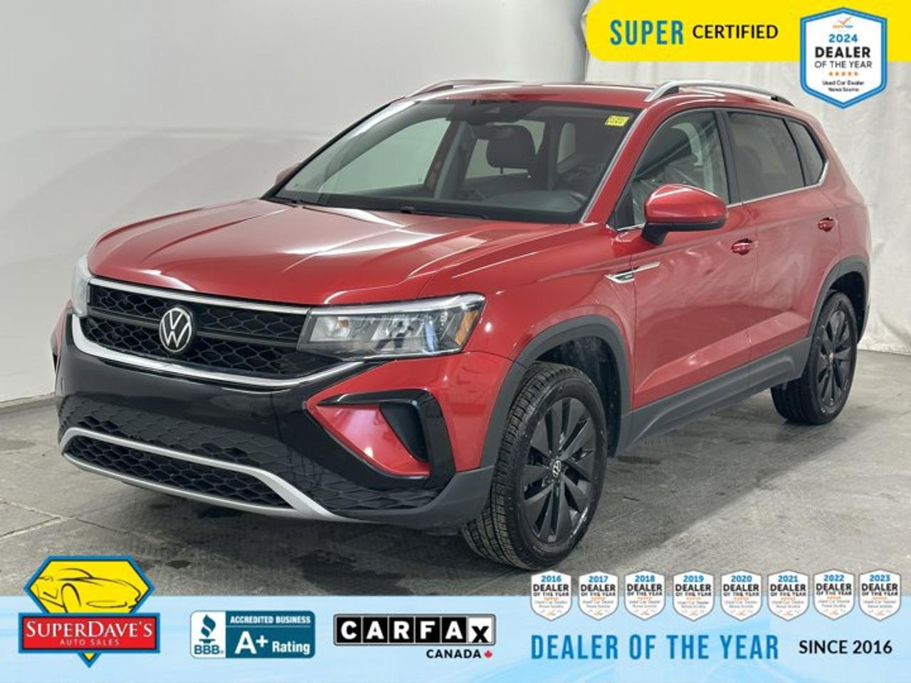 Meet the 2024 Volkswagen Taos Comfortline in striking red   a Super Certified SUV that blends everyday practicality with modern tech. Priced at $25,195 and showing 81,190 km, this Taos delivers a composed drive thanks to its turbocharged 1.5L four-cylinder and smooth 8-speed automatic. Front-wheel drive, responsive steering, and a balanced chassis make it easy to navigate city streets or stretch out on the highway.<br><p>THE SUPER DAVES ADVANTAGE</p> <p>BUY REMOTE - No need to visit the dealership. Through email, text, or a phone call, you can complete the purchase of your next vehicle all without leaving your house!</p> <p>DELIVERED TO YOUR DOOR - Your new car, delivered straight to your door! When buying your car with Super Daves, well arrange a fast and secure delivery. Just pick a time that works for you and well bring you your new wheels!</p> <p>PEACE OF MIND WARRANTY - Every vehicle we sell comes backed with a warranty so you can drive with confidence.</p> <p>EXTENDED COVERAGE - Get added protection on your new car and drive confidently with our selection of competitively priced extended warranties.</p> <p>WE ACCEPT TRADES - We&rsquo;ll accept your trade for top dollar! We&rsquo;ll assess your trade in with a few quick questions and offer a guaranteed value for your ride. We&rsquo;ll even come pick up your trade when we deliver your new car.</p> <p>SUPER CERTIFIED INSPECTION - Every vehicle undergoes an extensive 120 point inspection, that ensure you get a safe, high quality used vehicle every time.</p> <p>FREE CARFAX VEHICLE HISTORY REPORT - If youre buying used, its important to know your cars history. Thats why we provide a free vehicle history report that lists any accidents, prior defects, and other important information that may be useful to you in your decision.</p> <p>METICULOUSLY DETAILED &ndash; Buying used doesn&rsquo;t mean buying grubby. We want your car to shine and sparkle when it arrives to you. Our professional team of detailers will have your new-to-you ride looking new car fresh.</p> <p>(Please note that we make all attempt to verify equipment, trim levels, options, accessories, kilometers and price listed in our ads however we make no guarantees regarding the accuracy of these ads online. Features are populated by VIN decoder from manufacturers original specifications. Some equipment such as wheels and wheels sizes, along with other equipment or features may have changed or may not be present. We do not guarantee a vehicle manual, manuals can be typically found online in the rare event the vehicle does not have one. Please verify all listed information with our dealership in person before purchase. The sale price does not include any ongoing subscription based services such as Satellite Radio. Any software or hardware updates needed to run any of these systems would also be the responsibility of the client. All listed payments are OAC which means On Approved Credit and are estimated without taxes and fees as these may vary from deal to deal, taxes and fees are extra. As these payments are based off our lenders best offering they may be subject to change without notice. Please ensure this vehicle is ready to be viewed at the dealership by making an appointment with our sales staff. We cannot guarantee this vehicle will be on premises and ready for viewing unless and appointment has been made.)</p>