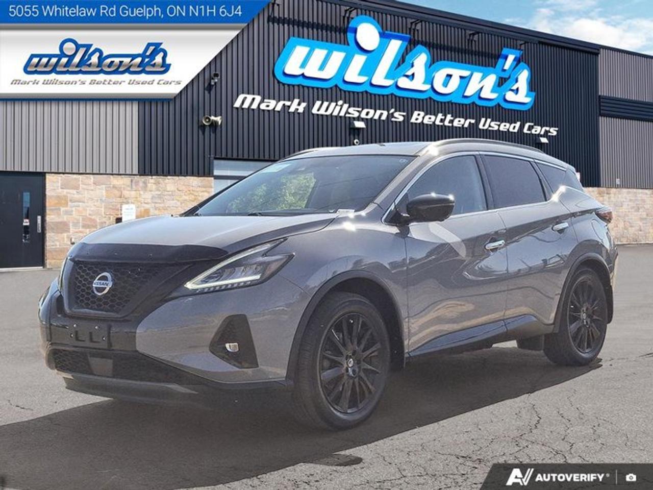 Come see this certified 2021 Nissan Murano Midnight Edition AWD | Leather | Sunroof | Nav | Bose | Heated Wheel + Seats | 360 Cam | and More !. Its Automatic transmission and 3.5 L engine will keep you going. This Nissan Murano has the following options: Sunroof, Remote Start, Navigation System, Leather, Heated Steering Wheel, Bose Speaker System, Air Conditioning, Adaptive Cruise, 360 Camera, and Heated Seats. See it for yourself at Mark Wilsons Better Used Cars, 5055 Whitelaw Road, Guelph, ON N1H 6J4.MASSIVE SELECTION: 500+ vehicles in ONE LOCATION, all Live Market Priced for the best value!STRAIGHTFORWARD & TRANSPARENT PRICING: Our Advertised Price INCLUDES:Safety Certification! (No separate certification fee upcharge).FREE Carfax History Report!NO upcharge for paying cash!CONFIDENCE & PEACE OF MIND: 30-Day/3,000 km Warranty INCLUDED! Plus a 5-Day Exchange Privilege!*EASY FINANCING: Better-than-bank rates, $0 Down, and 3 Months No Payments available OAC. BAD CREDIT APPROVED HERE!WE BUY CARS: Get Top Dollar for your trade, or sell us your vehicle for CASH even if you dont buy ours!www.shopwilsons.comAn Honest, Transparent Buying Experience. Trusted in business since 1961!(Cash Prices Exclude HST and Licensing Fees only.)