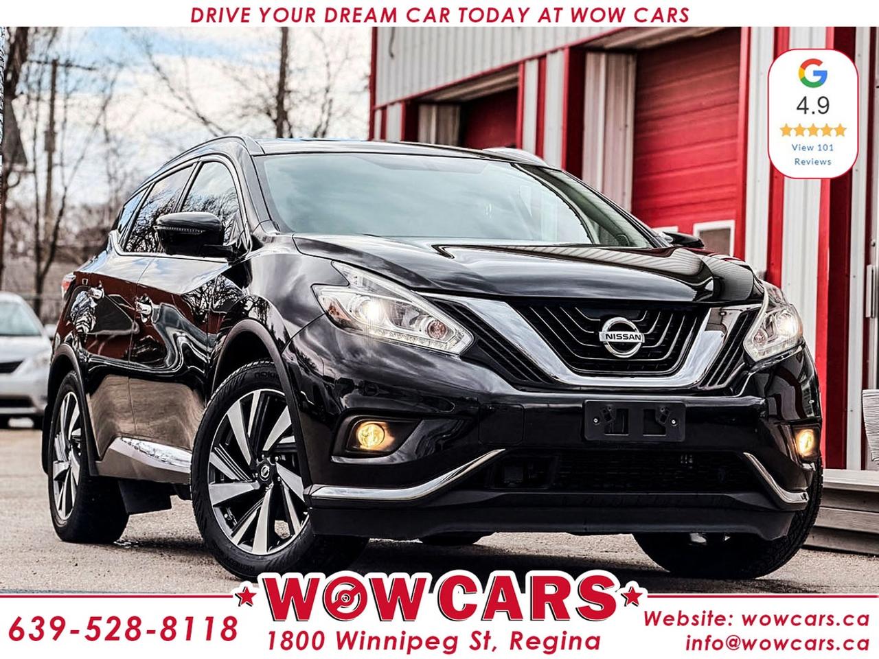 2017 Nissan Murano Platinum AWDOdometer: 110,438kmSale Price: $22,990 + Taxes <br/> Financing Available <br/> <br/> WOW Factors:--Certified and mechanical inspection <br/> -No Accidents <br/> <br/> <br/> <br/> Highlight features:--Navigation System <br/> -Panoramic Sunroof <br/> -Heated +Cooled Front Seats <br/> -Power Leather Seats <br/> -Heated Rear Seats <br/> -Heated Steering Wheel <br/> -All-Wheel Drive <br/> -Alloy Wheels <br/> -Push Button Start <br/> -360 view Camera <br/> -Remote Starter <br/> -Power Tailgate <br/> -Cruise Control and much more. <br/> <br/> <br/> Financing Available Driven by Trust, Powered by Family  Your Destination for Quality Pre-Owned Vehicles <br/> At our family-owned dealership, customer satisfaction isnt just a goal  its our promise. We specialize in pre-owned Cars, SUVs, Vans, and Trucks, offering standout value with the WOW factors that set us apart. From exceptional Google reviews to unmatched after-sales service, we go above and beyond to make your experience seamless, transparent, and friendly. <br/> <br/> <br/> Visit WOW CARS Today at 1800 Winnipeg Street Regina, SK S4P1G2, or give us a call at (639) 528-8118. <br/>