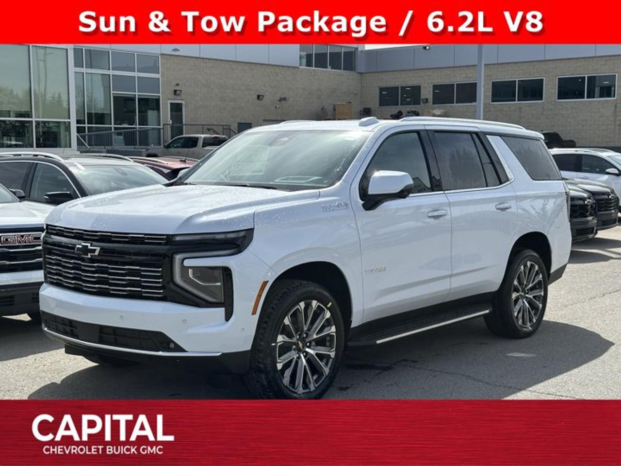 This Chevrolet Tahoe delivers a Gas V8 6.2L/ engine powering this Automatic transmission. TRANSMISSION, 10-SPEED AUTOMATIC electronically controlled with overdrive, includes Traction Select System including tow/haul (STD), SUN AND TOW PACKAGE includes (C3U) power sunroof and (NHT) Max Trailering Package, POLAR WHITE TRICOAT.*This Chevrolet Tahoe Comes Equipped with These Options *LPO, PREMIUM LINER PROTECTION PACKAGE includes (AAK) 1st and 2nd row premium floor liners, LPO, (RIB) 3rd row all-weather floor liner, LPO and (CAV) all-weather cargo mat, LPO (dealer-installed) , LPO, BLACK BOWTIE EMBLEMS, FRONT AND REAR (dealer-installed), LPO, ALL-WEATHER FLOOR LINERS, 3RD ROW (dealer-installed), LPO, ALL-WEATHER CARGO MAT (dealer-installed), HIGH COUNTRY PREFERRED EQUIPMENT GROUP includes standard equipment, ENGINE, 6.2L ECOTEC3 V8 with Dynamic Fuel Management, Direct Injection and Variable Valve Timing, includes aluminum block construction (420 hp [313 kW] @ 5600 rpm, 460 lb-ft of torque [624 Nm] @ 4100 rpm) (STD), ENGINE BLOCK HEATER, 3 YEARS SIRIUSXM, Wireless Phone Charging, for portable devices, Wireless Apple CarPlay/Wireless Android Auto.* Visit Us Today *Come in for a quick visit at Capital Chevrolet Buick GMC Inc., 13103 Lake Fraser Drive SE, Calgary, AB T2J 3H5 to claim your Chevrolet Tahoe!
