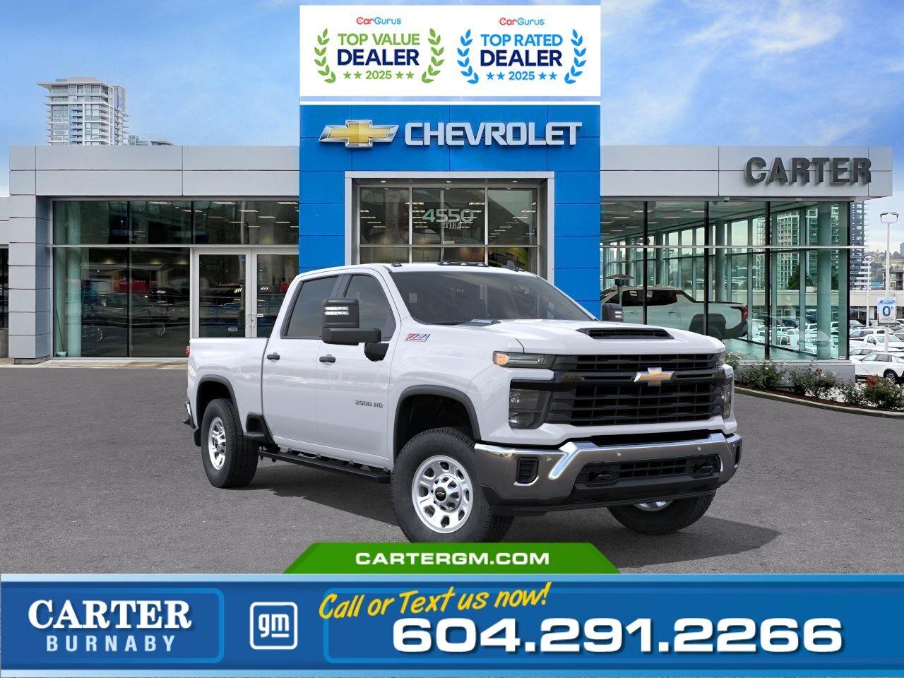 GREAT NEWS! THE EMPLOYEE PRICING EVENT IS BACK! Take advantage of exclusive Employee Pricing on eligible new vehicles and enjoy exceptional value for a limited time. This is your opportunity to save on the vehicle youve been waiting for while inventory lasts. Contact us today to confirm your eligibility and discover the available offers on your preferred model.  Built for serious capability, the 2026 Chevrolet Silverado 3500HD Work Truck 4WD delivers with a powerful Duramax 6.6L Turbo-Diesel V8 and a durable Suspension Package. Stay confident on the job with StabiliTrak, trailer sway control, Lane Departure Warning, and Following Distance Indicator. Trailering is effortless with Hitch Guidance and heated, power-adjustable trailering mirrors. Inside, a power driver seat adds comfort to every drive.  Come take it for a test drive today and experience all this stylish vehicle has to offer!  WHY CARTER GM BURNABY?  - An unrivalled vehicle purchasing experience! - Exceeding our loyal customers expectations since 1963 - 4.5 Google star rating with 2,300+ customer reviews) - CarGurus Top-Rated Dealer 2025 Award - CarGurus Top Value Dealer 2025 Award - Vehicle trades welcome! Best price guaranteed! - We provide upfront pricing, zero hidden fees, and 100% transparency - Fast approvals and 99% acceptance rates (no matter your current credit status!) - Multilingual staff (many languages spoken) - Comfortable non-pressured environment with in-store television, WIFI and a childrens play area! - In-store restaurant: fresh daily menu        Were here to help you drive the vehicle you want, the vehicle you deserve! QUESTIONS? GREAT! WEVE GOT ANSWERS! To speak with a friendly vehicle specialist - CALL NOW! The advertised price includes all standard dealer fees and any applicable manufacturer or dealer incentives. It does not include applicable taxes, licensing, insurance, or optional products or services. Dealer fees will be clearly broken out and itemized on the bill of sale, maximum total of fees $699.00. Prices are shown in Canadian dollars. While we make every effort to ensure accuracy, vehicle details, pricing, options, and availability are subject to change without notice. Please confirm all information with dealership sales management before purchase. Dealer Code: 81129