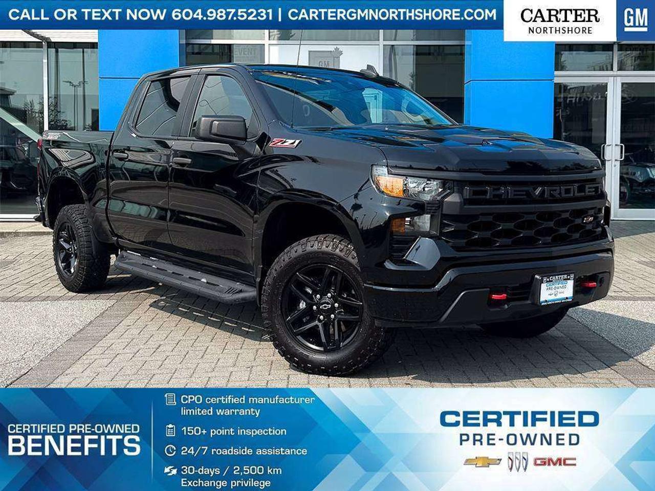 <b>NO ACCIDENT | ONE LOCAL OWNER | PRE-OWNED CERTIFIED</b> This rugged Pre-Owned 2022 Chevrolet Silverado 1500 Custom Trail Boss 4WD is built for drivers who want capability, style, and confidence on every road. Powered by a strong 5.3L EcoTec3 V8 engine paired with a 10-speed automatic transmission, it features a factory 2-inch lift, off-road suspension, skid plates, black aluminum wheels, red recovery hooks, and the Custom Convenience Package. With Chevy Safety Assist, wireless phone projection, remote start, and impressive towing capability, this Trail Boss is ready for work, play, and everything in between. Test Drive Today! <b>WHY CARTER GM NORTHSHORE?</b> - An unrivalled vehicle purchasing experience! - Exceeding our loyal customers expectations since 1990 - 4.7 Google star rating (with 1,700+ customer reviews) - CarGurus Top-Rated Dealer 2025 Award - CarGurus Top Value Dealer 2025 Award - 30-day / 2,500 km exchange privilege - Peace of mind - 150-point vehicle inspection - CARFAX - full vehicle service history - purchase with confidence! - Vehicle trades welcome! Best price guaranteed! - We provide upfront pricing, zero hidden fees, and 100% transparency - Fast approvals and 99% acceptance rates (no matter your current credit status!) - Multilingual staff (many languages spoken) - Comfortable non-pressured environment with in-store television, WIFI and a childrens play area! <p><img src=https://gmtadvantage-com.cdn-convertus.com/uploads/sites/16/2025/09/Carter-GM-Burnaby-Car-Gurus-Awards-2025.png alt="" width="300" height="77" /></p> Were here to help you drive the vehicle you want, the vehicle you deserve! <b>QUESTIONS? GREAT! WEVE GOT ANSWERS!</b> To speak with a friendly vehicle specialist - <b>CALL NOW!</b> <small>The advertised price includes all standard dealer fees and any applicable manufacturer or dealer incentives. It does not include applicable taxes, licensing, insurance, or optional products or services. Dealer fees will be clearly broken out and itemized on the bill of sale, maximum total of fees $699.00. Prices are shown in Canadian dollars. While we make every effort to ensure accuracy, vehicle details, pricing, options, and availability are subject to change without notice. Please confirm all information with dealership sales management before purchase. Dealer Code: 81121</small>