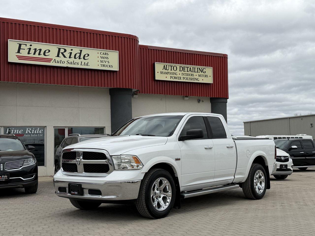 <p>2015 Ram 1500 SLT Quad Cab 4X4</p><p>5.7LTR V8 Hemi<br>A/C<br>Tilt<br>Cruise<br>Power windows<br>Power locks<br>Power mirrors<br>Power sliding rear window<br>Heated seat (drivers)<br>6 passengers<br>AM/FM radio<br>UConnect<br>232,000kms!<br>Tonneau cover<br>Factory remote starter<br>Back up camera<br>Rear parking sensors<br>6.5ft box<br>Front & rear chrome bumpers<br>20 chrome wheels</p><p>GVW: 6,900LBS<br>Gear ratio: 3.21<br>Transmission: 8 speed, 8HP70<br>Towing: Approximately 8,000LBS</p><p>$17,975 Safetied<br>Financing and Warranty Available at Fine Ride Auto Sales Ltd<br>Www.FineRideAutoSales.ca</p><p>Call: 204-415-3300 or 1-855-854-3300<br>Text: 204-226-1790<br>View in person at: Unit 3-3000 Main Street</p><p>DLR# 4614<br>**Plus applicable taxes**</p><p></p><p><span style=color:#000000;><span style=font-family:book antiqua, palatino, serif;font-size:14pt;>Monday                9am to 6pm</span></span><br><span style=color:#000000;><span style=font-family:book antiqua, palatino, serif;font-size:14pt;>Tuesday               9am to 6pm</span></span><br><span style=color:#000000;><span style=font-family:book antiqua, palatino, serif;font-size:14pt;>Wednesday               9am to 6pm</span></span><br><span style=color:#000000;><span style=font-family:book antiqua, palatino, serif;font-size:14pt;>Thursday                9am to 6pm</span></span><br><span style=color:#000000;><span style=font-family:book antiqua, palatino, serif;font-size:14pt;>Friday                9am to 5pm</span></span><br><span style=color:#000000;><span style=font-family:book antiqua, palatino, serif;font-size:14pt;>Saturday                             10am to 2pm</span></span><br><span style=color:#000000;><span style=font-family:book antiqua, palatino, serif;font-size:14pt;>Sunday                    CLOSED</span></span></p>