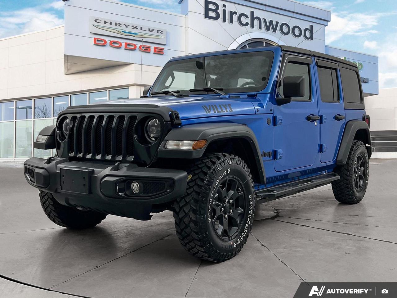 Experience the ultimate off-road adventure with this 2023 Jeep Wrangler Willys! This one-owner, accident-free SUV is ready to tackle any terrain with its robust 4WD system and 2.0L 4-cylinder engine.

Key Features:
- Cold Weather Group for comfortable winter drives
- Tech Group with advanced connectivity options
- Uconnect 4C NAV & Sound Group for superior navigation and entertainment
- Black Freedom Top 3-Piece Hardtop for versatile open-air driving
- MOPAR All-Weather Floor Mats to protect against the elements
- Trac-Lok Limited-Slip Rear Differential for enhanced traction
- ParkView Back-Up Camera for easy maneuvering
- Smart Device Integration for seamless connectivity

Dont miss out on this exceptional Wrangler! Visit Birchwood Chrysler Dodge Jeep Ram today to schedule a test drive and experience the thrill of Jeeps legendary capability. Our team is ready to answer any questions and guide you through the purchase process. Reserve your adventure now!
With us, Experience is Everything. Complete as much or as little of your purchase online as you like. All pricing is what you see is what you pay. No hidden fees. On our website you can choose payment options and terms knowing these are transparent and accurate.

Start your purchase online to build your exact pricing to your specifics like how much money down, vehicle trade and any accessories or added optional protection that suits your needs.

Any questions let us know by calling (204) 774-4444, wed love to send you a video to clarify any questions about a vehicle!

Visit us in store at 90-3965 Portage Ave in the Birchwood Autopark.

Dealer permit #5686
Dealer permit #5686