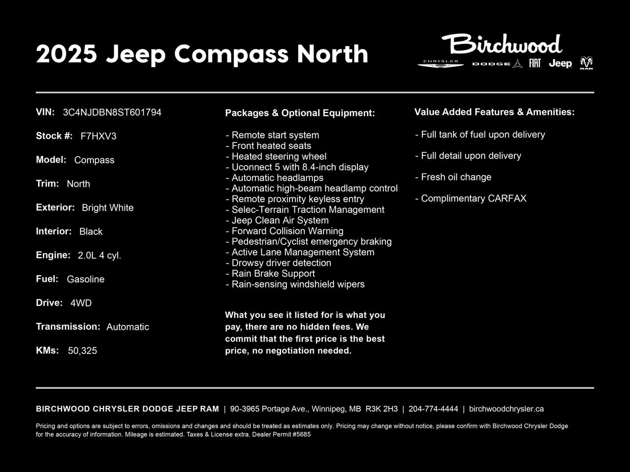 Used 2025 Jeep Compass North | Local | One Owner | No Accidents | for sale in Winnipeg, MB