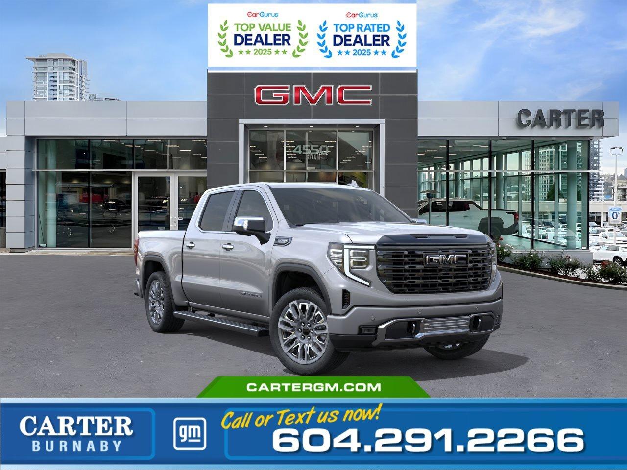 Receive a $1,000 Truck Trade-In Bonus when you trade a 2015 or newer pickup truck. Upgrade your drive with strength, towing power, and proven performance... before this limited-time event ends!  Experience premium power and innovation in the 2026 GMC Sierra 1500 Denali Ultimate AWD. Driven by a 6.2L EcoTec3 V8 and refined with Adaptive Ride Control, it delivers exceptional performance and comfort. The Trailering Package, integrated brake controller, and advanced camera views make towing effortless. Inside, enjoy a panoramic tech experience with a 13.4" touchscreen, heated leather-wrapped steering wheel, power seats, and heated second-row seating. MultiPro Power Steps and EZ Lift tailgate add smart functionality, while Park Assist enhances confidence.  Come take it for a test drive today and experience all this stylish vehicle has to offer!  WHY CARTER GM BURNABY?  - An unrivalled vehicle purchasing experience! - Exceeding our loyal customers expectations since 1963 - 4.5 Google star rating with 2,300+ customer reviews) - CarGurus Top-Rated Dealer 2025 Award - CarGurus Top Value Dealer 2025 Award - Vehicle trades welcome! Best price guaranteed! - We provide upfront pricing, zero hidden fees, and 100% transparency - Fast approvals and 99% acceptance rates (no matter your current credit status!) - Multilingual staff (many languages spoken) - Comfortable non-pressured environment with in-store television, WIFI and a childrens play area! - In-store restaurant: fresh daily menu        Were here to help you drive the vehicle you want, the vehicle you deserve! QUESTIONS? GREAT! WEVE GOT ANSWERS! To speak with a friendly vehicle specialist - CALL NOW! The advertised price includes all standard dealer fees and any applicable manufacturer or dealer incentives. It does not include applicable taxes, licensing, insurance, or optional products or services. Dealer fees will be clearly broken out and itemized on the bill of sale, maximum total of fees $595.00. Prices are shown in Canadian dollars. While we make every effort to ensure accuracy, vehicle details, pricing, options, and availability are subject to change without notice. Please confirm all information with dealership sales management before purchase. Dealer Code: 81129