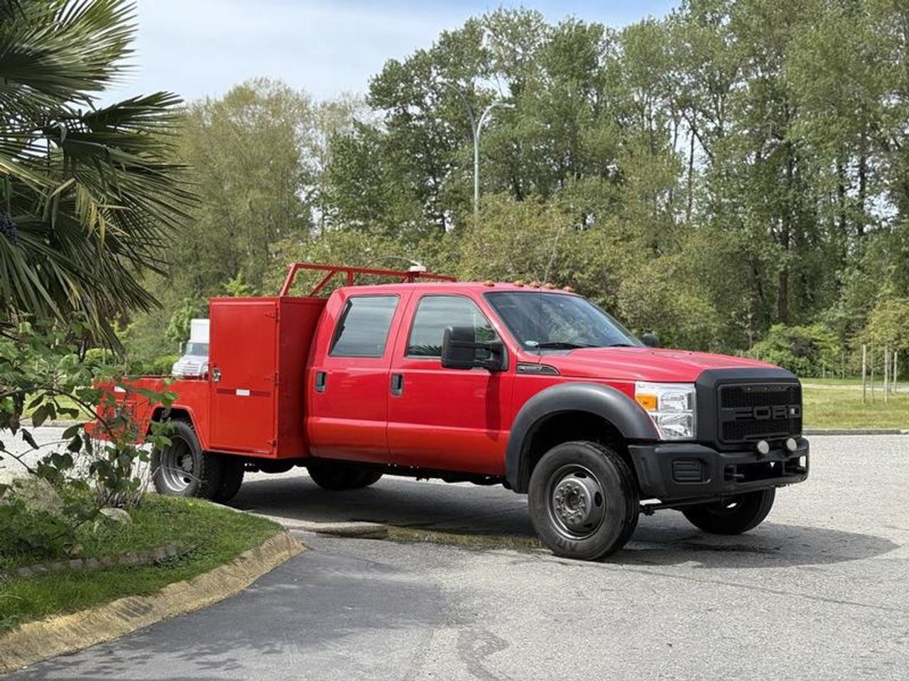 This 2013 Ford F-550 crew cab service truck is powered by a 6.8L SOHC EFI Triton V10 paired with an automatic transmission and four-wheel drive, offering a capable setup for worksite and fleet applications. Configured as a service truck, it features a utility deck measuring approximately 6 feet long by 8 feet wide, providing functional workspace and equipment-carrying capability within an overall vehicle length of approximately 24 feet 6 inches.

Additional equipment includes SYNC voice-activated controls, Bluetooth connectivity, USB ports, ABS, traction control, and front passenger, side, and head airbags. Finished in red with a grey vinyl interior, this four-door heavy-duty truck provides a practical and straightforward setup suitable for service, contractor, or commercial use. This item is currently OFFSITE. You must register an appointment with our office to schedule an offsite viewing. Appointments must be made a minimum of one business day in advance (and as defined by the days that Repo.com is open for business) before your appointment can be scheduled and confirmed. We may, at our own discretion, instead opt to transport smaller items to Repo.coms main yard for viewing purposes.  $32,870.00 plus $375 processing fee, $33,245.00 total payment obligation before taxes.   Listing report, warranty, contract commitment cancellation fee, financing available on approved credit (some limitations and exceptions may apply). All above specifications and information is considered to be accurate but is not guaranteed and no opinion or advice is given as to whether this item should be purchased. We do not allow test drives due to theft, fraud, acts of vandalism and undetectable impaired driving. Instead we provide the following benefits: Complimentary Warranty (with options to extend), Limited Money Back Satisfaction Guarantee on Fully Completed Contracts, Contract Commitment Cancellation, and an Open-Ended Sell-Back Option. Ask seller for details or call 604-522-REPO(7376) to confirm listing availability.