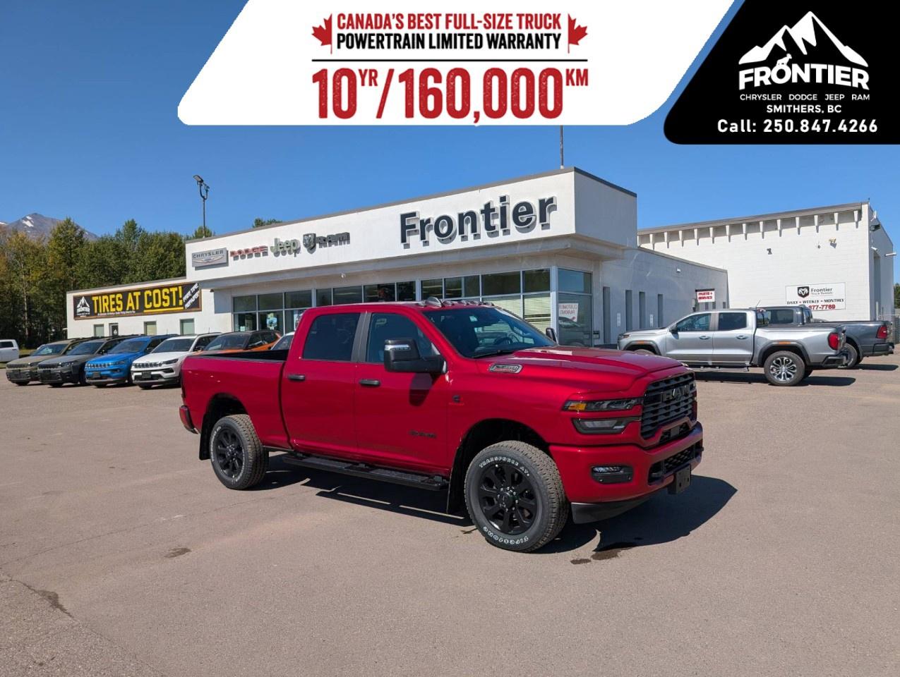 <p>The 2026 Ram 2500 Big Horn Night Edition 4x4 Crew Cab is built to tackle demanding jobs while delivering premium comfort, bold styling, and legendary diesel capability.</p><p>Powered by the renowned <strong>6.7L Cummins® High-Output Turbo Diesel I-6 engine</strong> paired with an <strong>8-speed TorqueFlite® automatic transmission</strong>, this heavy-duty 4x4 delivers outstanding towing capability, impressive torque, and the confidence to handle tough work or weekend adventures.</p><p>Finished in Black with a premium cloth black interior, this Night Edition stands out with 20-inch black aluminum wheels wrapped in aggressive 35-inch off-road tires, a professionally installed levelling kit, black exterior accents, and a bold, commanding stance that turns heads wherever it goes.</p><p>Inside, you'll enjoy heated front seats, a heated steering wheel, dual-zone automatic climate control, power-adjustable driver's seat, premium cloth seating, remote start, keyless entry, a 12-inch Uconnect® 5 NAV touchscreen, Apple CarPlay®, Android Auto, SiriusXM® with 360L, an Alpine® premium audio system, wireless connectivity, and built-in navigation.</p><p>This truck is equipped with the Night Edition, Big Horn Level 1 Plus Equipment Group, Off-Road Package, 20-inch Black Wheel Group, premium cloth bucket seats, LED lighting, Mopar® deployable bed step, LED bed lighting, trailer brake controller, Class V hitch receiver, integrated trailer brake control, ParkView® Rear Back-Up Camera, Park-Sense® Front and Rear Park Assist, Blind-Spot Monitoring, Forward Collision Warning, Adaptive Cruise Control with Stop, and a 360-degree Surround View Camera system to help make towing and maneuvering easier.</p><p>Whether you're hauling equipment to the job site, towing your RV, or exploring backroads, the 2026 Ram 2500 Big Horn Night Edition offers the capability, technology, and bold styling to do it all.</p><p>Please confirm all vehicle details and features with our sales team prior to purchase and start the buying process today at Frontier Chrysler Dodge Jeep Ram Ltd., proudly serving Smithers, BC and surrounding area.</p><p>Final price does not include taxes, $995 administration fee, $10 VSA transaction levy, $398 finance placement fee (if applicable), and any dealer installed accessories.</p>