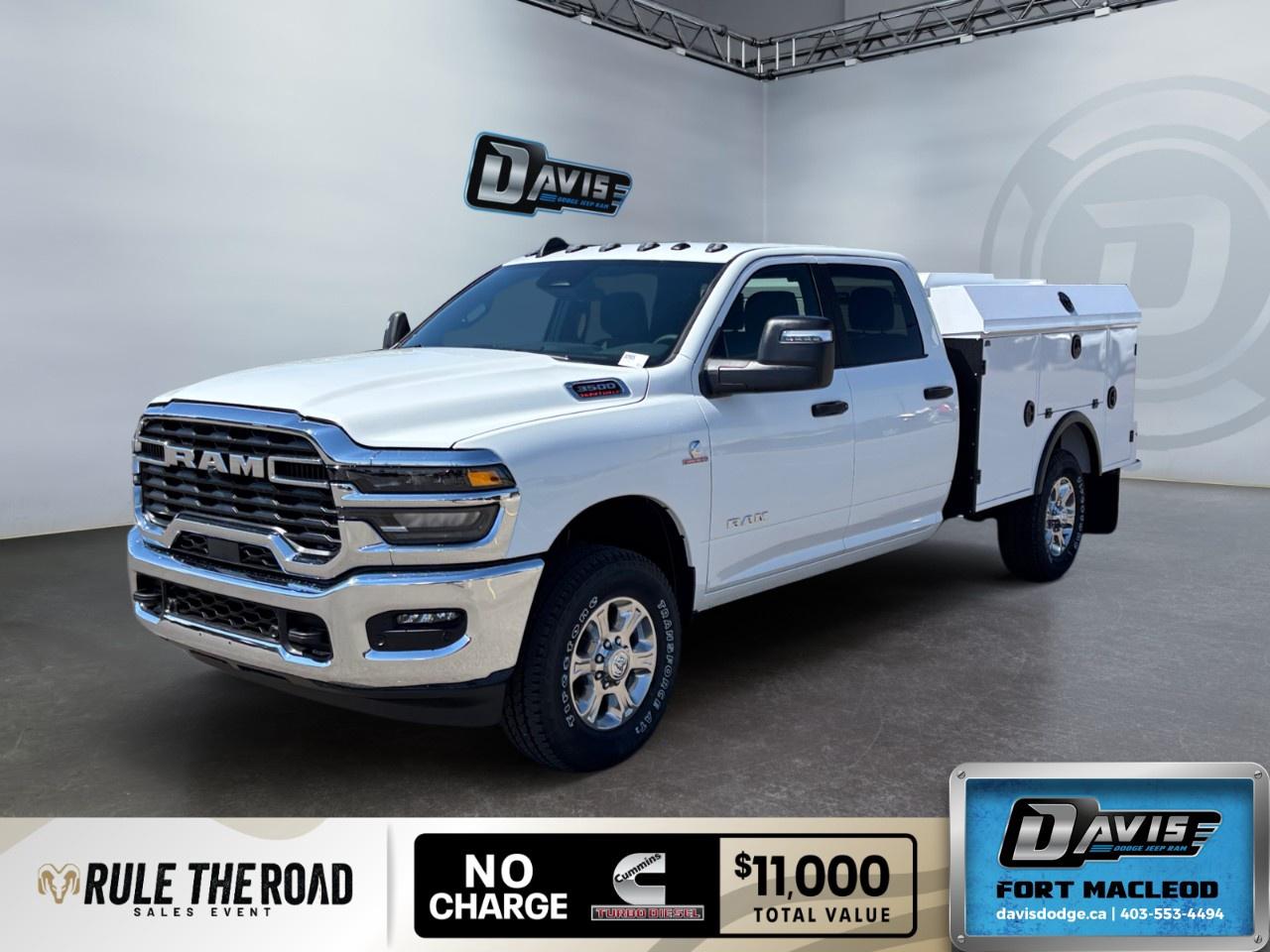 <p>Introducing the new 2026 Ram 3500 Big Horn 4x4 Crew Cab 8' Box, proudly showcased at our Davis Dodge Fort Macleod dealership. This rugged truck features a pristine white exterior and is designed for exceptional handling with its 4x4 drivetrain, making it a perfect companion for any terrain.</p><p><b>Interior Features:</b></p><ul><li>Spacious black interior for ultimate comfort</li><li>Air conditioning for a refreshing ride</li><li>Modern amenities such as keyless entry and power windows</li><li>Bluetooth connection and smart device integration for seamless connectivity</li><li>Sophisticated black vinyl floor covering</li></ul><p><b>Exterior Features:</b></p><ul><li>Functional MILRON 8' service body for any job requirement</li><li>Heavy-duty tires: LT275/70R18E OWL On/Off-Road for reliable traction</li><li>Rear wheelhouse liners and clearance lamps for enhanced durability and visibility</li><li>Bright white color accentuating its imposing presence</li><li>Transfer case skid plate shield for added protection</li></ul><p><b>Technology & Safety Features:</b></p><ul><li>State-of-the-art backup camera and parking sensors for added safety</li><li>Wi-Fi hotspot and satellite radio for entertainment on the road</li><li>Advanced brake assist for secure stopping</li><li>Adaptive cruise control and supplemental heater for optimum comfort and safety</li><li>Heated mirrors and diesel exhaust brake for robust and smooth driving</li></ul><p>Equipped with a robust 6.7L Cummins I-6 HO Turbo Diesel engine, selective catalytic reduction, and an 8-speed TorqueFlite automatic transmission, this truck offers a formidable performance for demanding tasks. With its unique combination of style, power, and technology, the Ram 3500 Big Horn is tailored for those who seek reliability and performance. Visit Davis Dodge Fort Macleod to explore this incredible truck or contact us today for more information!</p>