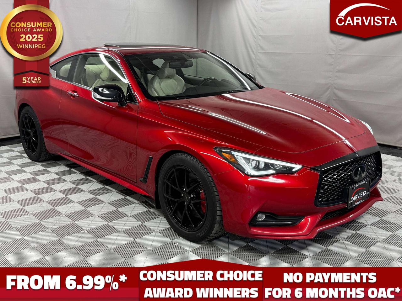 5 years running, consecutive receivers of the prestigious Consumer Choice Award in 2021, 2022, 2023, 2024 and 2025! Low rate dealer arranged financing available! 

LEATHER HEATED SEATS, SUNROOF, NAVIGATION, REVERSE CAMERA/360, DUAL CLIMATE CONTROLS, ANDROID/APPLE CARPLAY, BLIND SPOT MONITORING, REMOTE START

This one owner 2021 INFINITI Q60 Red Sport I-LINE ProACTIVE AWD delivers head turning style, premium luxury, and exhilarating performance in a beautifully designed sport coupe. Finished in striking Dynamic Sunstone Red with a bold white leather appointed interior, this Q60 has an unmistakable presence from every angle.

Under the hood is INFINITI&rsquo;s powerful 3.0L twin turbocharged V6 engine, producing an impressive 400 horsepower and 350 lb-ft of torque. Paired with a responsive 7 speed automatic transmission and intelligent al -wheel drive, it delivers rapid acceleration, confident handling, and added traction through changing Manitoba road conditions. Dynamic Digital Suspension, sport tuned performance components, and an enhanced dual exhaust further elevate the driving experience.

The luxurious cabin features heated sport seats, a leather wrapped steering wheel, power adjustable front seating, driver&rsquo;s memory settings, dual zone automatic climate control, remote start, a power sunroof, genuine carbon fiber interior trim, and premium materials throughout. Its driver focused cockpit and sculpted seating create an upscale environment that feels equally suited to daily driving or an open stretch of highway.

Stay connected with INFINITI&rsquo;s dual screen InTouch infotainment system, navigation, Apple CarPlay, Android Auto, Bluetooth connectivity, steering wheel mounted controls, and a premium Bose audio system.

The ProACTIVE safety and driver assistance package adds confidence with intelligent cruise control, predictive forward collision warning, forward emergency braking, blind spot monitoring, lane departure technology, front and rear parking sensors, and an Around View 360 degree camera system.

With its one owner history, dramatic color combination, 400 horsepower twin turbo performance, intelligent all wheel drive, and extensive luxury equipment, this 2021 INFINITI Q60 Red Sport I-LINE ProACTIVE AWD offers a rare combination of style, comfort, and excitement.

At Carvista we offer a unique buying experience, with no deceiving finance gimmicks and trades are welcome but not required! Carvista is a family operated business that has been in business for over 25 years, and has earned a A+ BBB Accreditation and outstanding consumer accolades. Offering 175 quality pre-owned vehicles, all are certified and Carfax verified, most with remaining factory warranty and a modern facility located on Winnipegs Regent Ave strip. We welcome you to visit us at 1201 Regent Ave W, at Carvista, and drive away in a like new vehicle for less. In many cases we can offer no payments for 6 months! Dont let your trade or credit stop you, we accept any kind, any time. CARVISTA.CA, "Where the deals are".
 Prices and payments exclude GST OR PST Carvista Inc. 
Dealer Permit # 1211, Category: Used Vehicle 
Please verify all ad details with a Carvista sales person, vehicle may not be exactly as shown.
