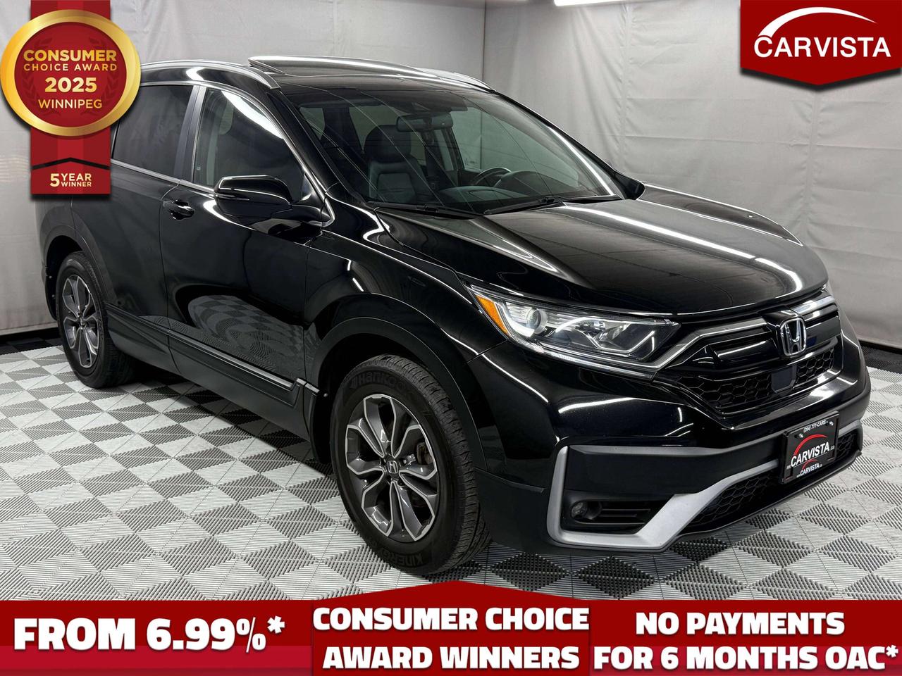 5 years running, consecutive receivers of the prestigious Consumer Choice Award in 2021, 2022, 2023, 2024 and 2025! Low rate dealer arranged financing available! 

LEATHER HEATED SEATS/STEERING WHEEL, SUNROOF, LANE ASSIST, ADAPTIVE CRUISE CONTROL, DUAL CLIMATE CONTROLS, REMOTE START, POWER LIFTGATE, NO ACCIDENTS, FACTORY WARRANTY

This 2021 Honda CR-V EX-L AWD is a comfortable, dependable, and well equipped SUV with 90,750 kilometers and no reported accidents. Finished in black with a matching black interior, it offers the space, efficiency, and all weather capability that have made the CR-V a popular choice for families and daily commuters.

Powered by a fuel efficient 1.5L turbocharged four cylinder engine paired with a smooth continuously variable transmission, this CR-V delivers responsive performance while maintaining excellent fuel economy. The automatic all-wheel-drive system provides added traction and confidence through changing Manitoba road conditions.

The refined EX-L interior features leather trimmed seating, heated seats, a heated leather wrapped steering wheel, a power adjustable driver&rsquo;s seat, dual-zone automatic climate control, a power sunroof, an auto dimming rearview mirror, HomeLink garage door controls, and a flexible 60/40 split folding rear seat. The spacious passenger area and versatile cargo compartment make it ideal for groceries, luggage, sports equipment, and family road trips.

Additional features include a touchscreen infotainment system, Bluetooth connectivity, an eight speaker audio system, steering wheel mounted controls, a multi angle rearview camera, and Honda&rsquo;s LaneWatch right side camera.

Honda Sensing driver assistance technology provides additional confidence with adaptive cruise control with low-speed follow, collision mitigation braking, forward collision warning, lane keeping assistance, driver attention monitoring, and automatic high beam headlights.

For added peace of mind, the factory powertrain warranty remains in effect until August 26, 2026, or 100,000 kilometers, whichever comes first. With its accident free history, upscale EX-L equipment, proven reliability, and confident all wheel drive performance, this 2021 Honda CR-V is ready for its next owner.

At Carvista we offer a unique buying experience, with no deceiving finance gimmicks and trades are welcome but not required! Carvista is a family operated business that has been in business for over 25 years, and has earned a A+ BBB Accreditation and outstanding consumer accolades. Offering 175 quality pre-owned vehicles, all are certified and Carfax verified, most with remaining factory warranty and a modern facility located on Winnipegs Regent Ave strip. We welcome you to visit us at 1201 Regent Ave W, at Carvista, and drive away in a like new vehicle for less. In many cases we can offer no payments for 6 months! Dont let your trade or credit stop you, we accept any kind, any time. CARVISTA.CA, "Where the deals are".
 Prices and payments exclude GST OR PST Carvista Inc. 
Dealer Permit # 1211, Category: Used Vehicle 
Please verify all ad details with a Carvista sales person, vehicle may not be exactly as shown.