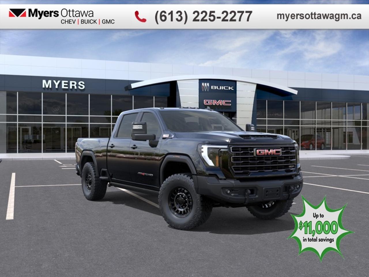 <br> <br>This immensely capable 2026 GMC 2500HD has everything youre looking for in a heavy-duty truck. <br> <br>This 2026 GMC 2500HD is highly configurable work truck that can haul a colossal amount of weight thanks to its potent drivetrain. This truck also offers amazing interior features that nestle occupants in comfort and luxury, with a great selection of tech features. For heavy-duty activities and even long-haul trips, the 2500HD is all the truck youll ever need.<br> <br>This Onyx Black sought after diesel crew cab 4X4 pickup has an Automatic transmission and is powered by a 470HP 6.6L 8 Cylinder Engine. <br> <br> Our Sierra 2500HDs trim level is AT4X. The AT4X combines premium off-road capability, advanced trailering technology, and first-class comfort. With a factory lift, DSSV dampers, skid plates, locking rear differential, and 35 mud-terrain tires, its built for the toughest terrain while delivering serious towing confidence through Hitch Guidance, an integrated Trailering App, and HD Surround Vision. Inside, full-grain leather seats with heat, ventilation, and massage, plus a 13.4 infotainment system with Google built-in, Bose audio, head-up display, and wireless charging elevate every drive. GMC Pro Safety, Adaptive Cruise Control, and Trailer Side Blind Zone Alert ensure peace of mind, while the MultiPro Tailgate, spray-on bedliner, animated LED lighting, and power sunroof add everyday versatility and style.<br><br> <br>To apply right now for financing use this link: <a href=https://creditonline.dealertrack.ca/Web/Default.aspx?Token=b35bf617-8dfe-4a3a-b6ae-b4e858efb71d&Lang=en target=_blank>https://creditonline.dealertrack.ca/Web/Default.aspx?Token=b35bf617-8dfe-4a3a-b6ae-b4e858efb71d&Lang=en</a><br><br> <br/> Total  rebate of $5000 is reflected in the price.   Incentives expire 2026-06-01.  See dealer for details. <br> <br><br> Come by and check out our fleet of 50+ used cars and trucks and 180+ new cars and trucks for sale in Ottawa.  o~o