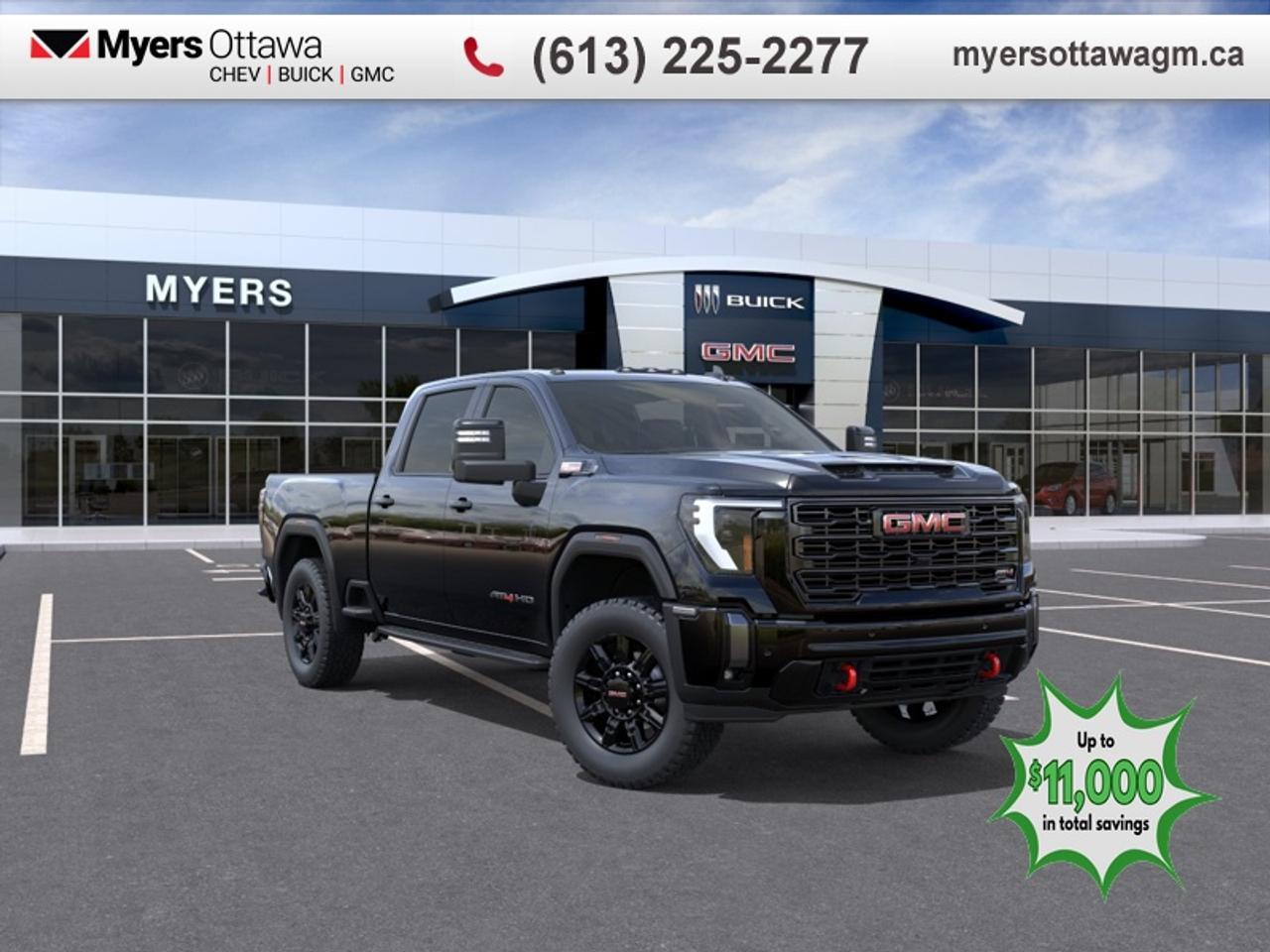 <br> <br>With stout build quality and astounding towing capability, there isnt a better choice than this GMC 2500HD for all your work-site needs. <br> <br>This 2026 GMC 2500HD is highly configurable work truck that can haul a colossal amount of weight thanks to its potent drivetrain. This truck also offers amazing interior features that nestle occupants in comfort and luxury, with a great selection of tech features. For heavy-duty activities and even long-haul trips, the 2500HD is all the truck youll ever need.<br> <br>This Onyx Black sought after diesel Crew Cab 4X4 pickup has an Automatic transmission and is powered by a 470HP 6.6L 8 Cylinder Engine. <br> <br> Our Sierra 2500HDs trim level is AT4. This trim rewards you with the X31 Off-Road Package built for rugged adventures with skid plates, Hill Descent Control, off-road suspension, and Rancho twin-tube shocks, plus red recovery hooks for added capability. It comes equipped with the Sierra HD Pro Safety suite, featuring Automatic Emergency Braking, Lane Departure Warning, Forward Collision Alert, and more, alongside advanced trailering technology like Hitch Guidance with Hitch View, the ProGrade Trailering System, and a spray-on bedliner with MultiPro Tailgate. Inside, youll find heated and ventilated leather seats, a Bose premium audio system, a 13.4 infotainment display with Google built-in, wireless Apple CarPlay/Android Auto, and wireless charging, while Adaptive Cruise Control, HD Surround Vision, and Trailer Side Blind Zone Alert add confidence on every drive. Rugged 20 black aluminum wheels, LED animated headlamps and taillamps, and body-colour accents complete the bold, off-road-ready design. This vehicle has been upgraded with the following features: Leather Seats, AT4 Premium Plus Package.<br><br> <br>To apply right now for financing use this link: <a href=https://creditonline.dealertrack.ca/Web/Default.aspx?Token=b35bf617-8dfe-4a3a-b6ae-b4e858efb71d&Lang=en target=_blank>https://creditonline.dealertrack.ca/Web/Default.aspx?Token=b35bf617-8dfe-4a3a-b6ae-b4e858efb71d&Lang=en</a><br><br> <br/> Weve discounted this vehicle $7000. Total  rebate of $5000 is reflected in the price.   Incentives expire 2026-06-01.  See dealer for details. <br> <br><br> Come by and check out our fleet of 50+ used cars and trucks and 180+ new cars and trucks for sale in Ottawa.  o~o